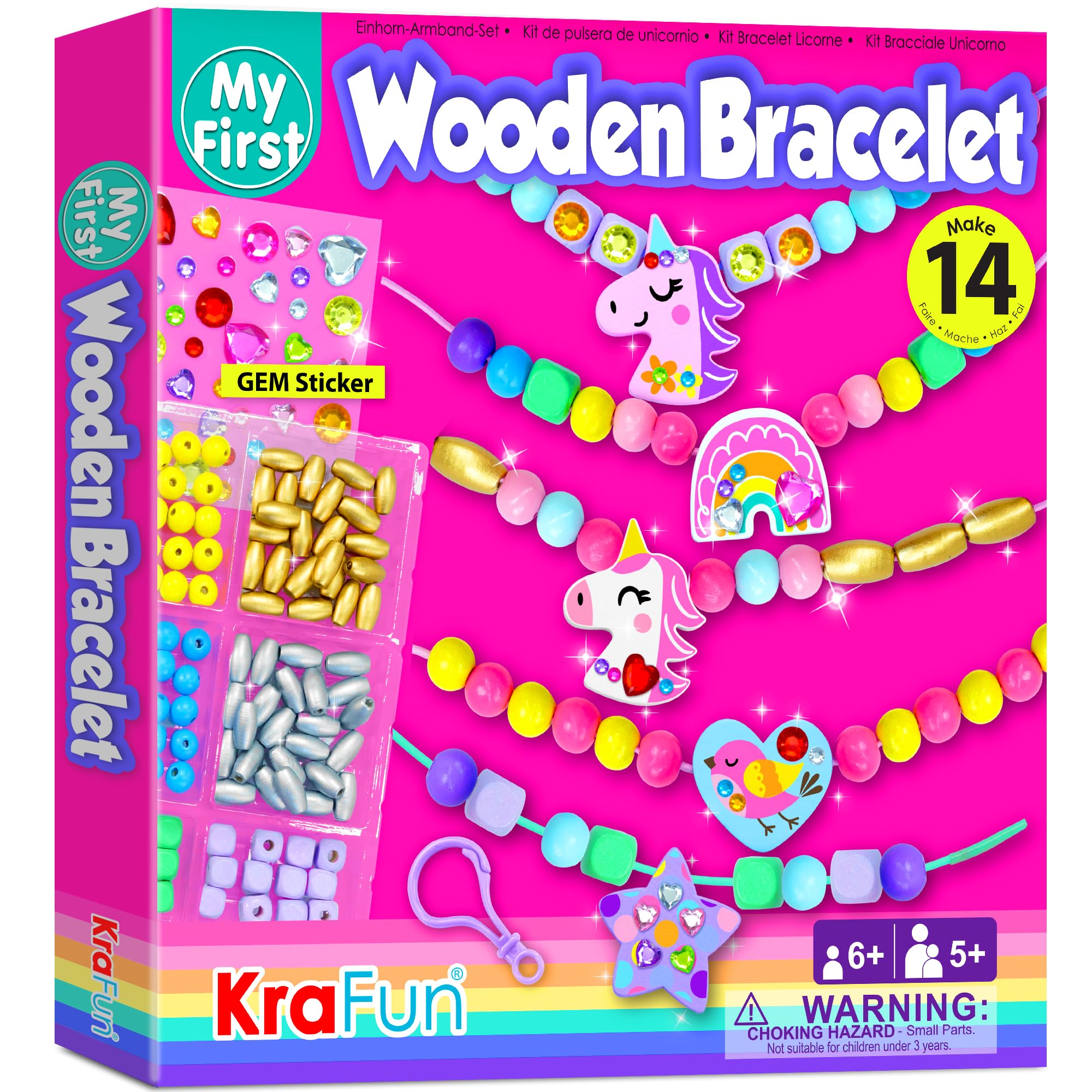 KRAFUN Einhorn-Armband-Bastelset für Kinder im Alter von 5–12 Jahren, 14 DIY-Kunst- und Bastelprojekte mit Freundschaftsarmbändern, Charms, Perlen, Edelstein-Aufklebern, Anleitung, pädagogisches