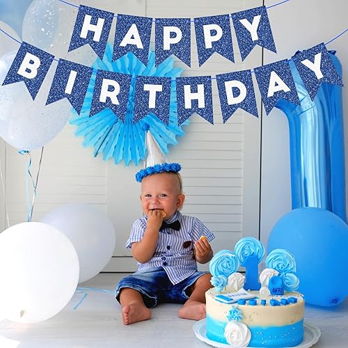 Miniatura 9 de Eaezerav Cartel de feliz cumpleaños con purpurina azul marino para niños y hombres, guirnalda de feliz cumpleaños, baby shower, suministros de