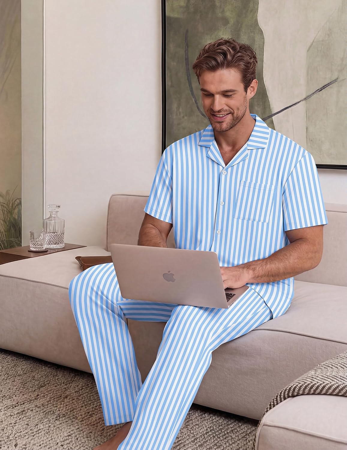 EKouear Mens Pajamas Set Short Sleeve pjs sets Classic Button Down Sleepwear Long Pants Lounge Set with Pocket