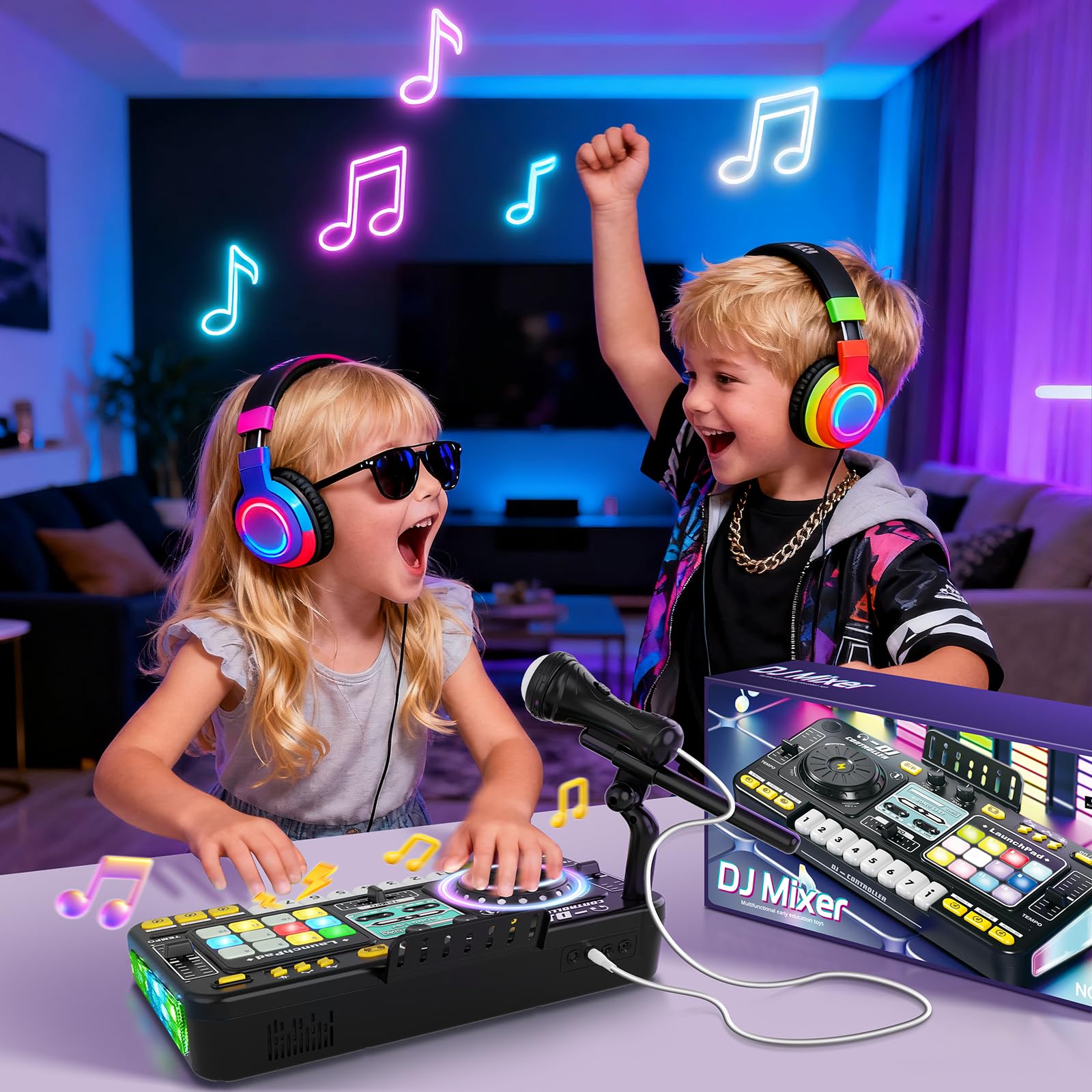 Table de mixage DJ - Pupitre pour enfants de 3 à 10 ans - Contrôleur DJ - Instruments de musique avec microphone - 100 effets sonores - Batterie - Cadeau pour débutants - Garçon et fille - 3, 5, 6, 7