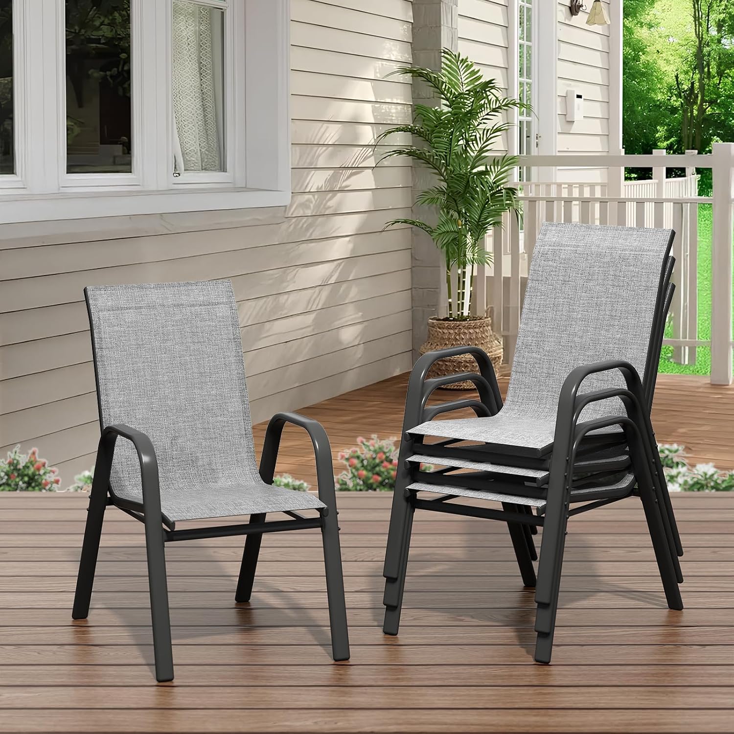 Patio Chairs Set of 4, Outdoor Stackable Dining Chairs with Textilene Fabric, All-Weather Deck Stacking Chairs with High Back for Backyard Poolside Garden Balcony, Brown