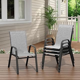 GarveeHome Gartenstühle 4er Set – Stapelbare Textilene Gartenstühle aus Metall, Outdoor Stühle Set wetterfest & rostbeständig, Terrassenstühle 4er Set für Garten, Balkon & Terrasse (Grau)