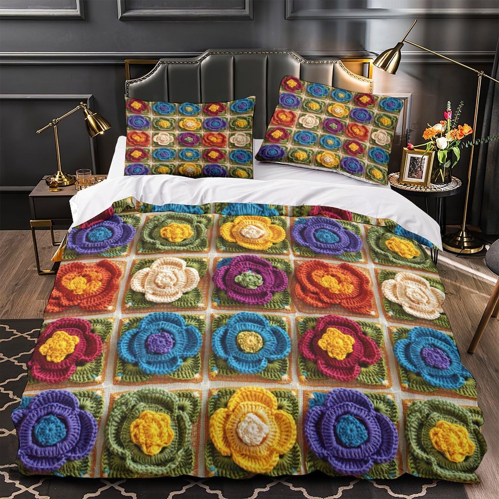 Housse de couette fleurs au crochet ultra douce effet 3D en microfibre