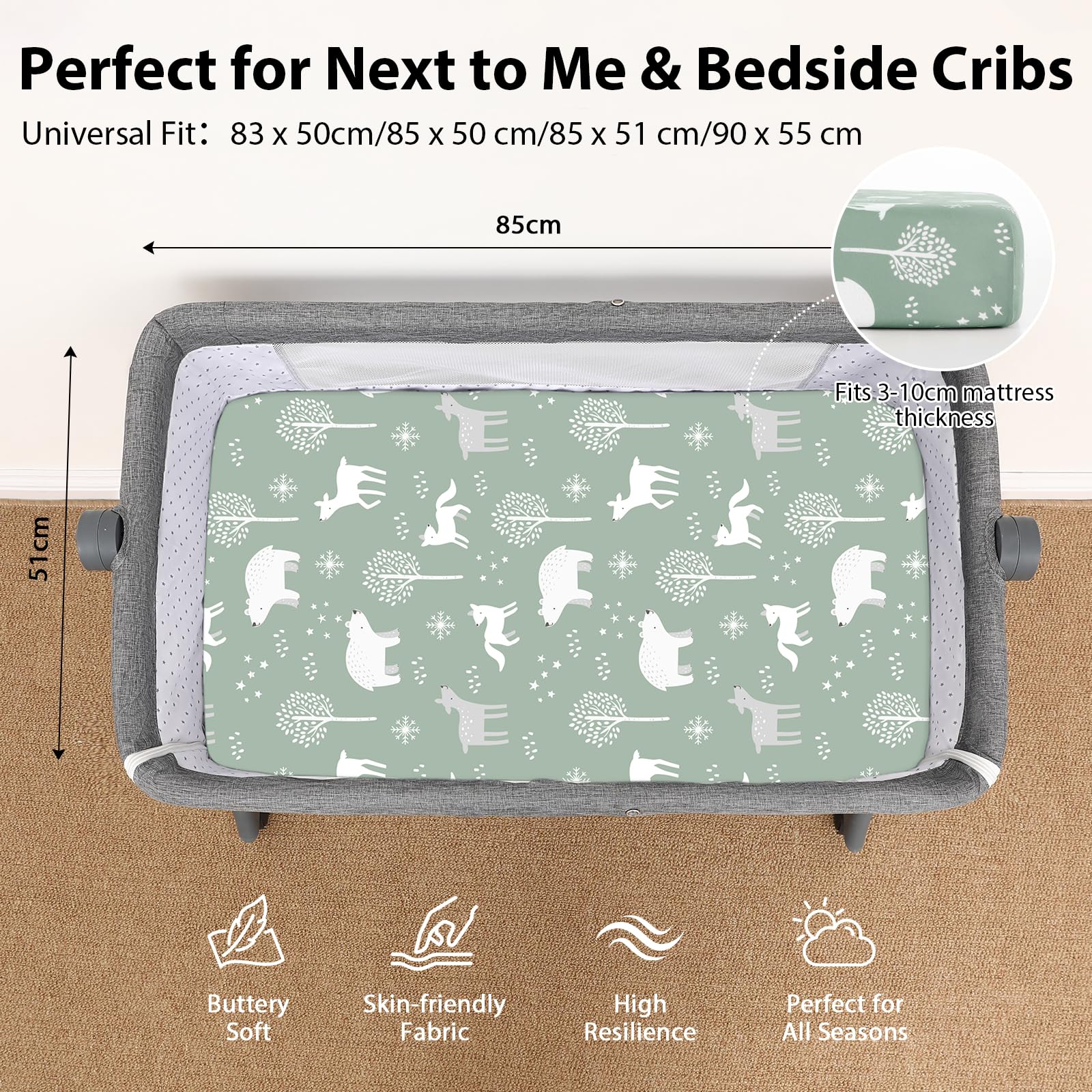 FIEMOL Next to Me Crib Sheets 85x51cm Fitted, 3 Pack Baby Cot Sheets - Image 3