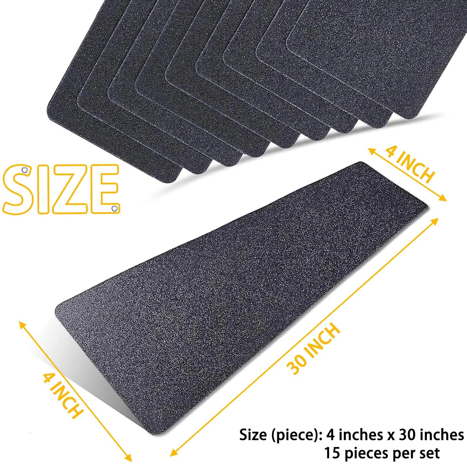 15 Pack Anti-Slip Tape, 4 x 30 Inch PET Sandpaper Grip Tape, 12 Mil Thick Waterproof Grit Safety Tape for Stairs, Steps, Ramps, Ladders, Boat, Floor - Easy to Cut & Install, No Residue (Black)