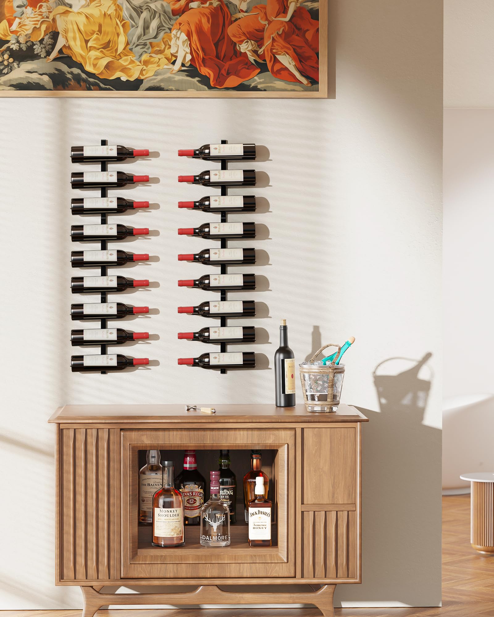 TJ.MOREE Regał na wino do montażu na ścianie, 24 butelki, regał na wino z metalu, do montażu na ścianie, na butelki wina, alkohole, szampana, wytrzymały do przechowywania wina, do domowego baru