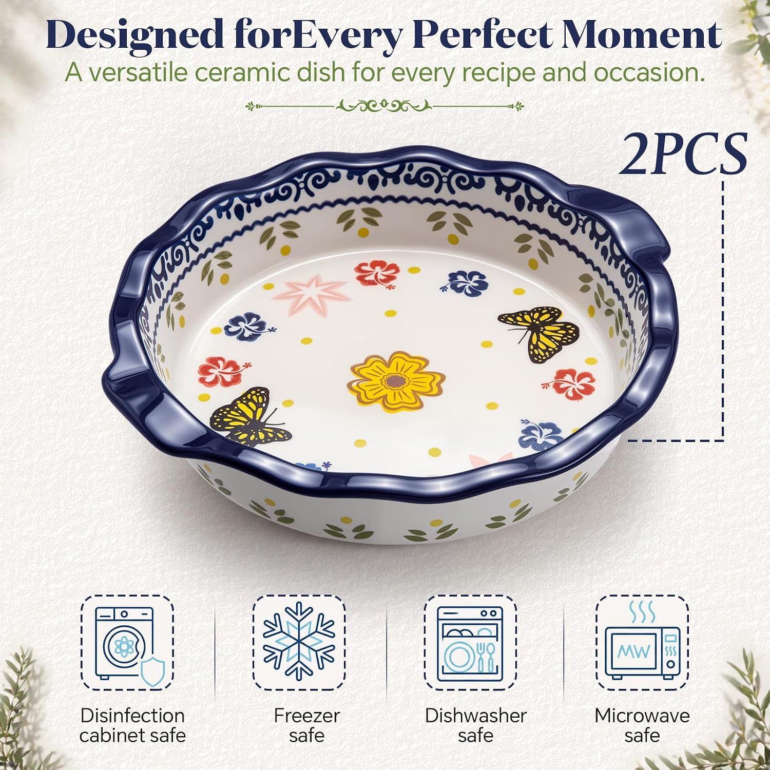 Uiifan Ceramic Casserole Dishes Vintage Pie Pan Bakeware Butterfly and Flower Pattern Plate Lasagna Pans Soup Bowl for Oven, Dishwasher and Microwave Safe(2 Pack,Round Style)
