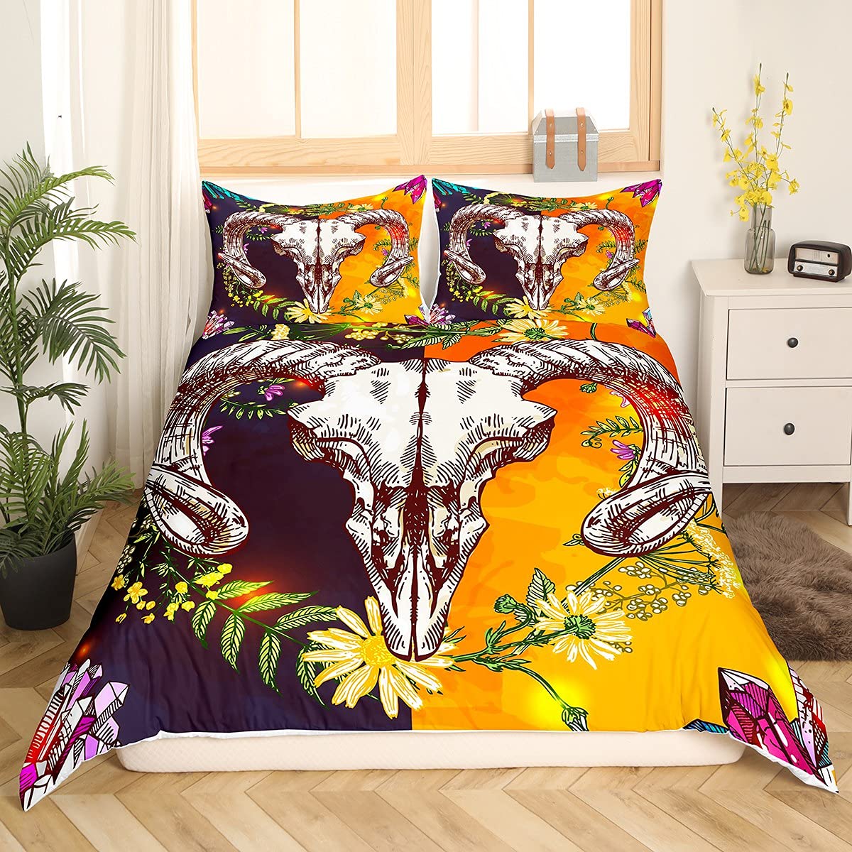 Home - Juego de ropa de cama para cama de matrimonio, diseño de calavera de oveja, color azul y dorado