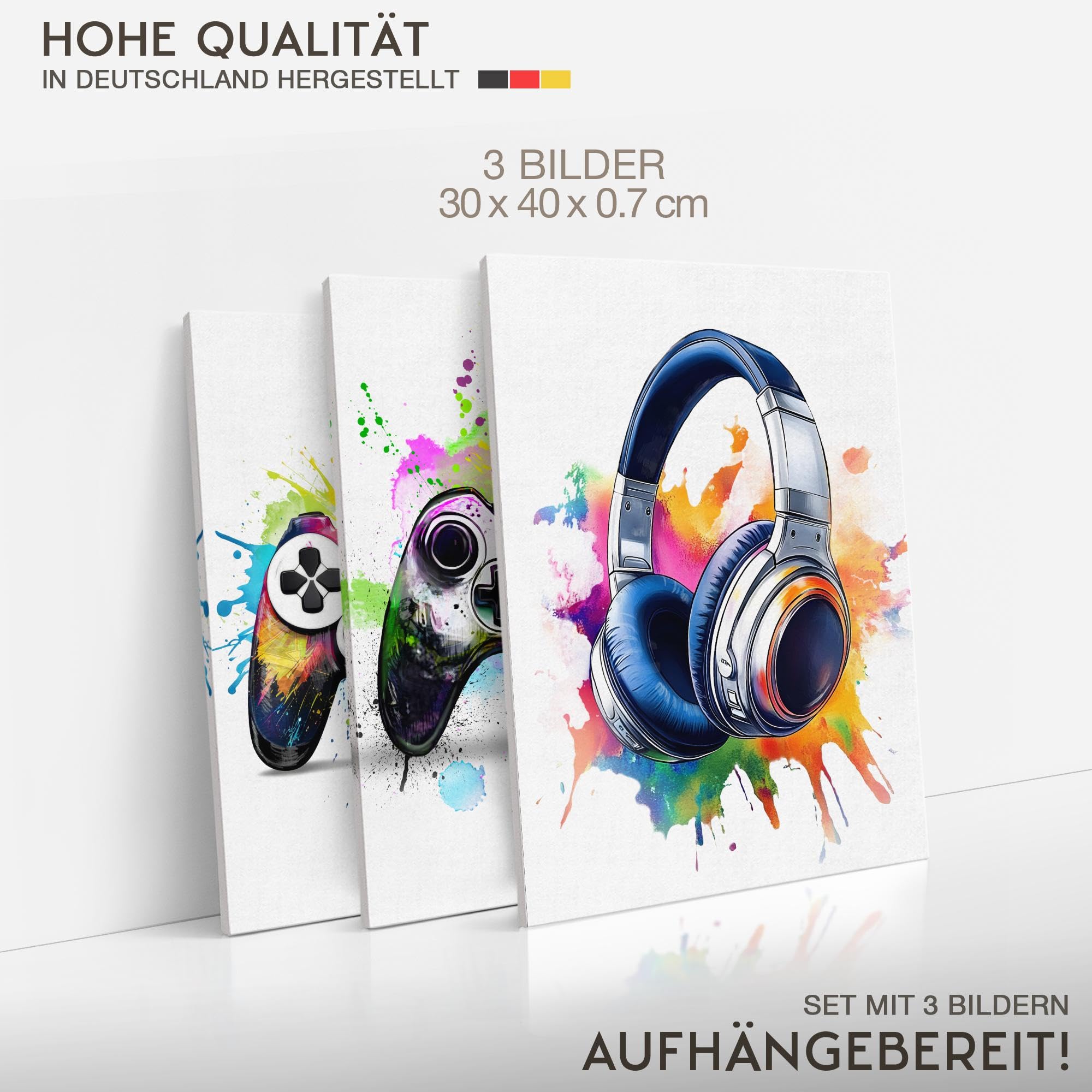Novart Wandbilder Set Spielkonsole Gamer - KOMPLETT AUFHÄNGFERTIG - Spielzimmer Jungen Teenager Deko - 3 Moderne Bilder Weiß - N038735a