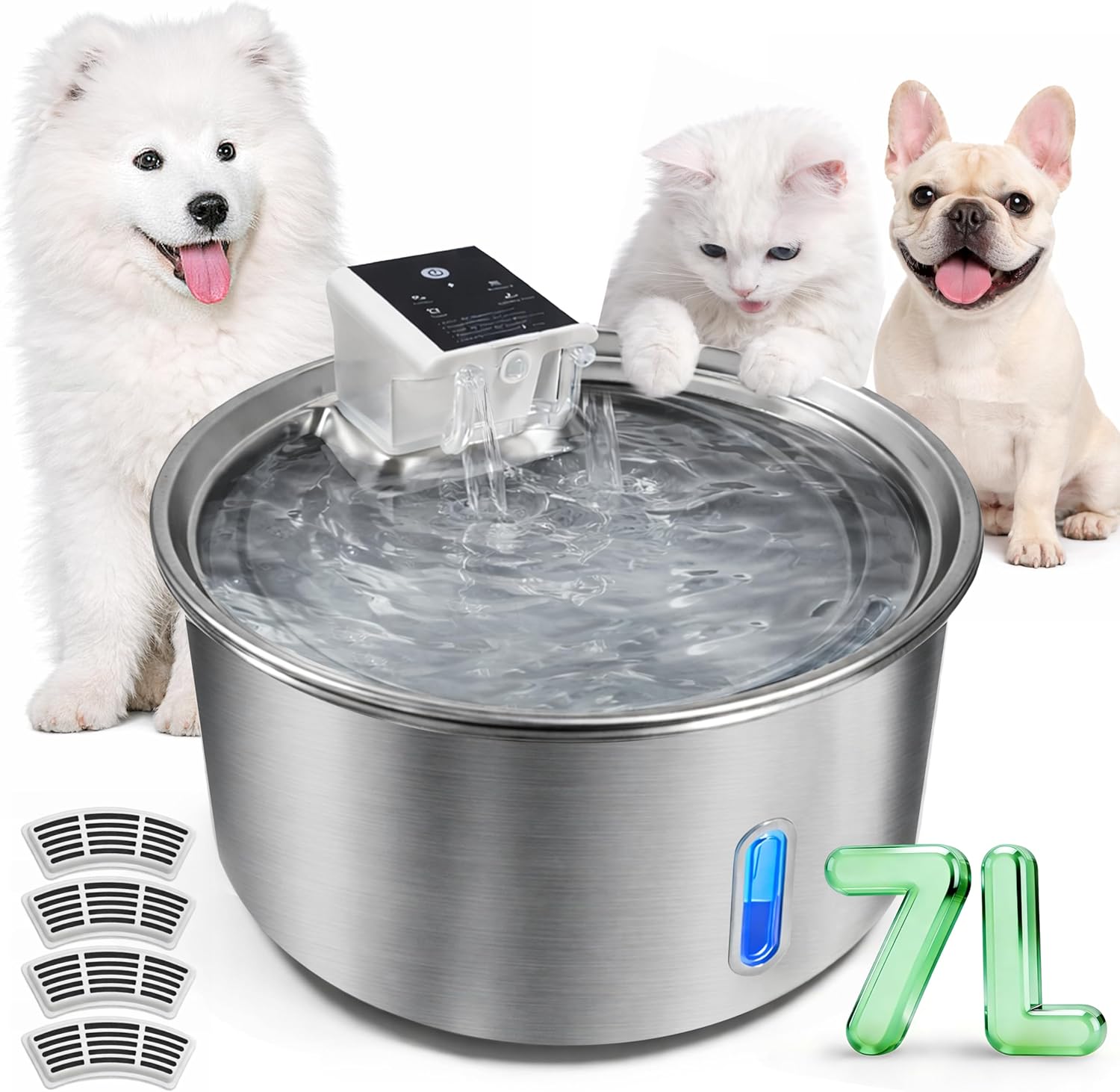 7L Stainless Steel Pet Water Fountain, Cordless Battery Powered for Cats & Dogs, Quiet Flow Automatic Dispenser with 4 Filters Included