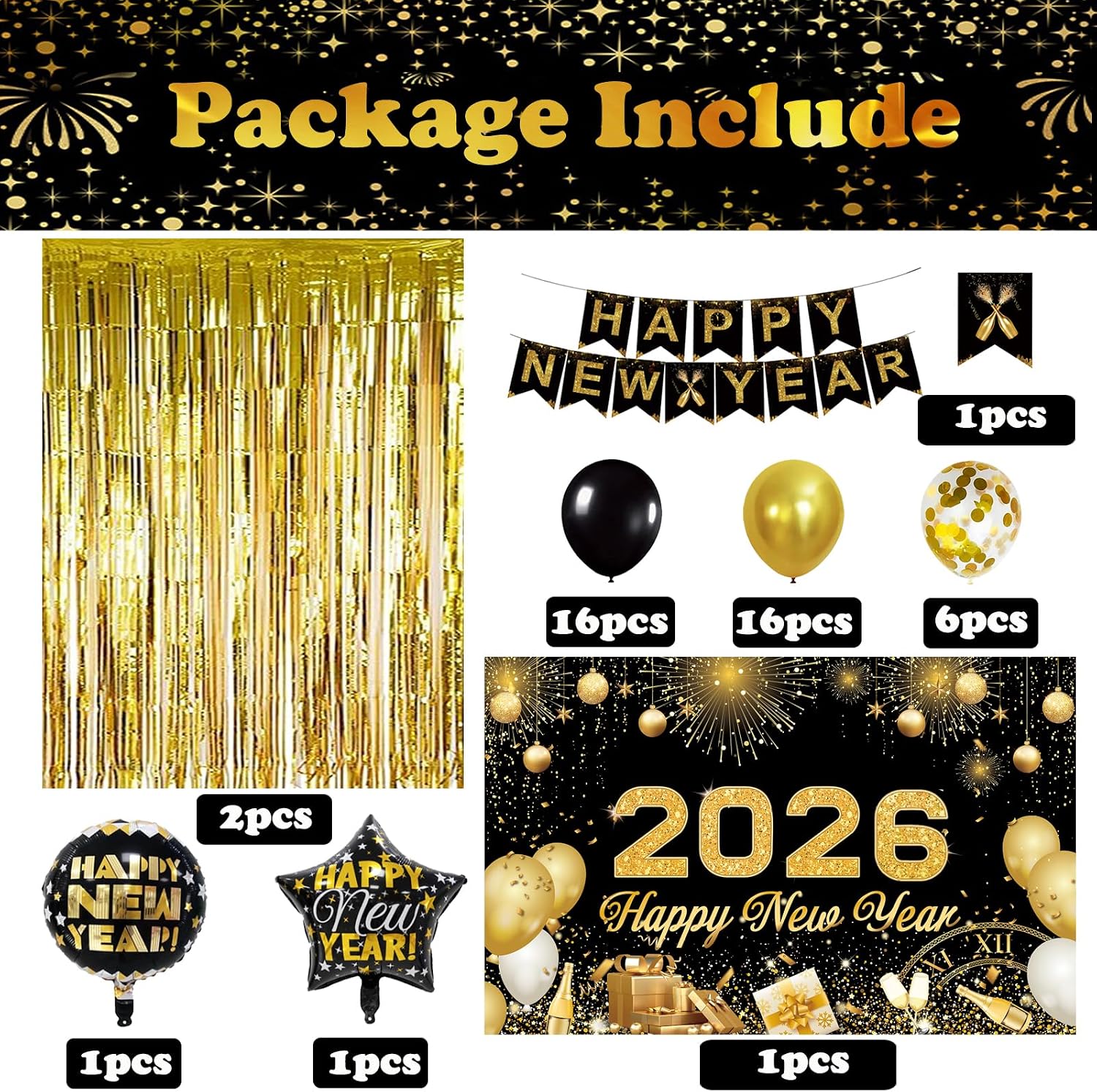 Happy New Year Decorations 2026 New Years Eve Party Include Backdrop, Banner, Balloons, Curtains, for New Year Eve Party Supplies image 2