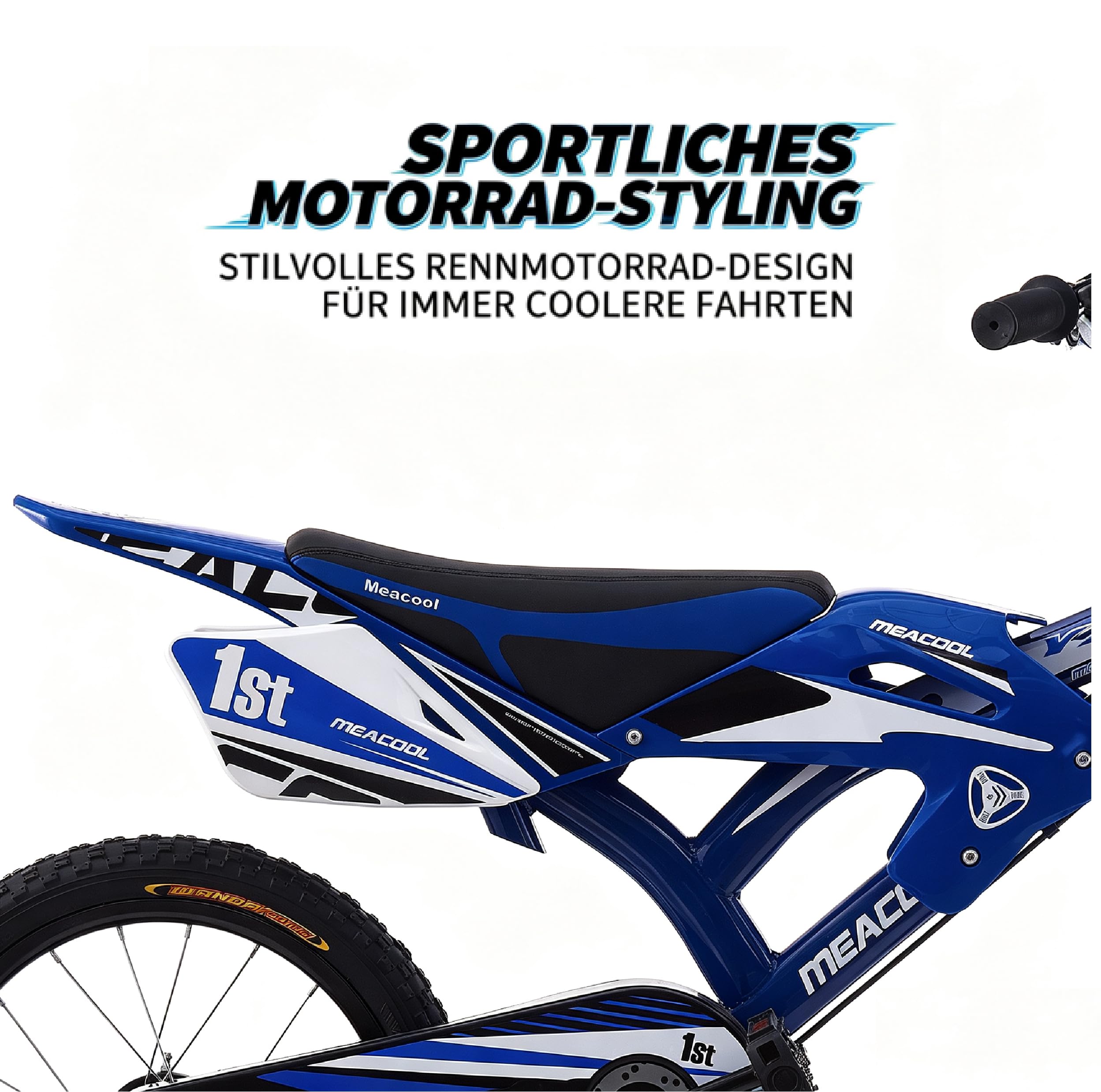16/18 Zoll Motorrad-Stil Kinderfahrrad, Motorcross Fahrrad mit V-Brake Bremsen, Kinderfahrrad für Kinder im Alter von 4-9 Jahren mit Stützrädern und Schutzblech, 90% Vormontiert