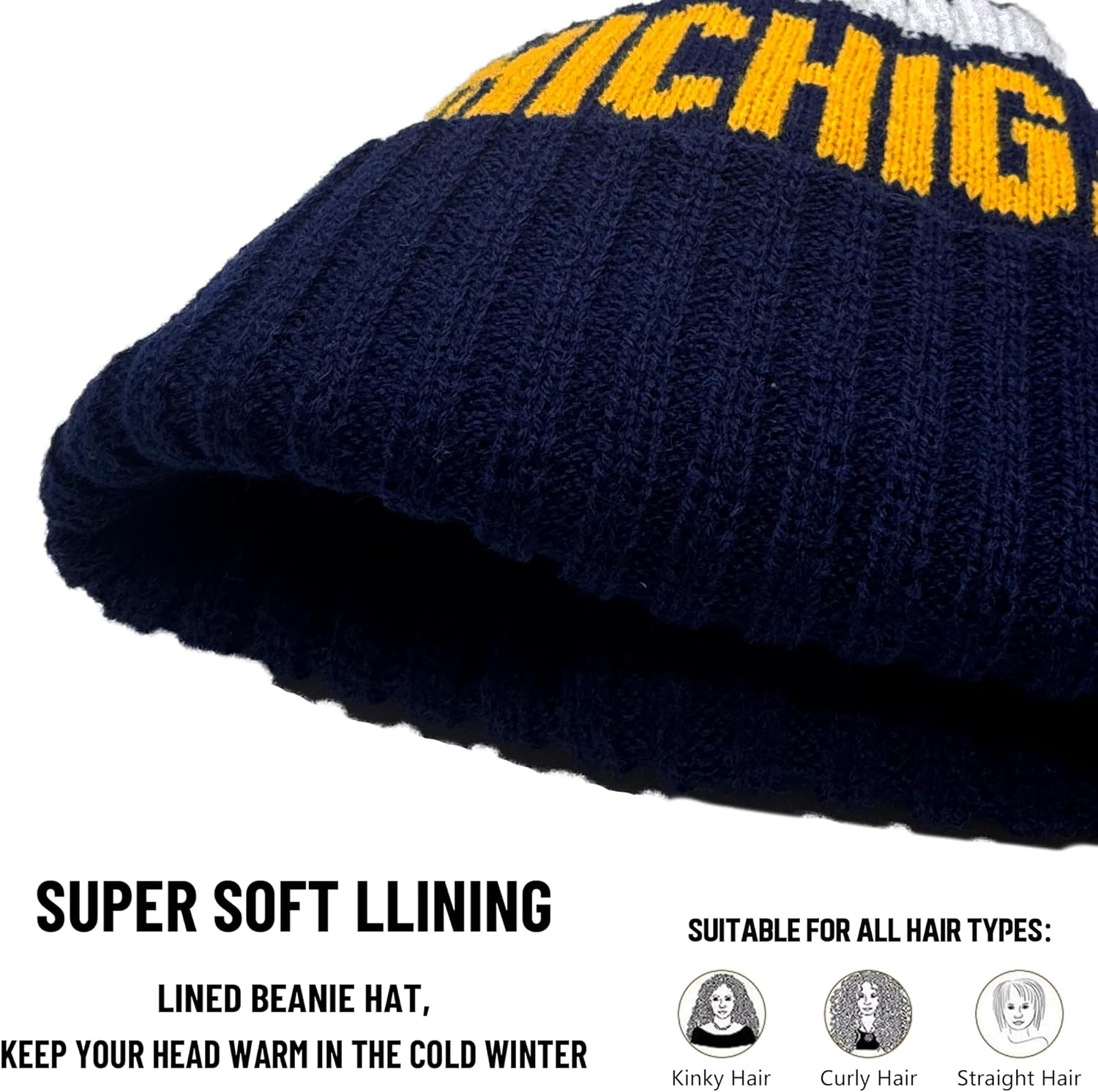 Beanie Knit Hat with Pom Winter Cuffed Cap Sport Fans Gift for Men Women - Image 3