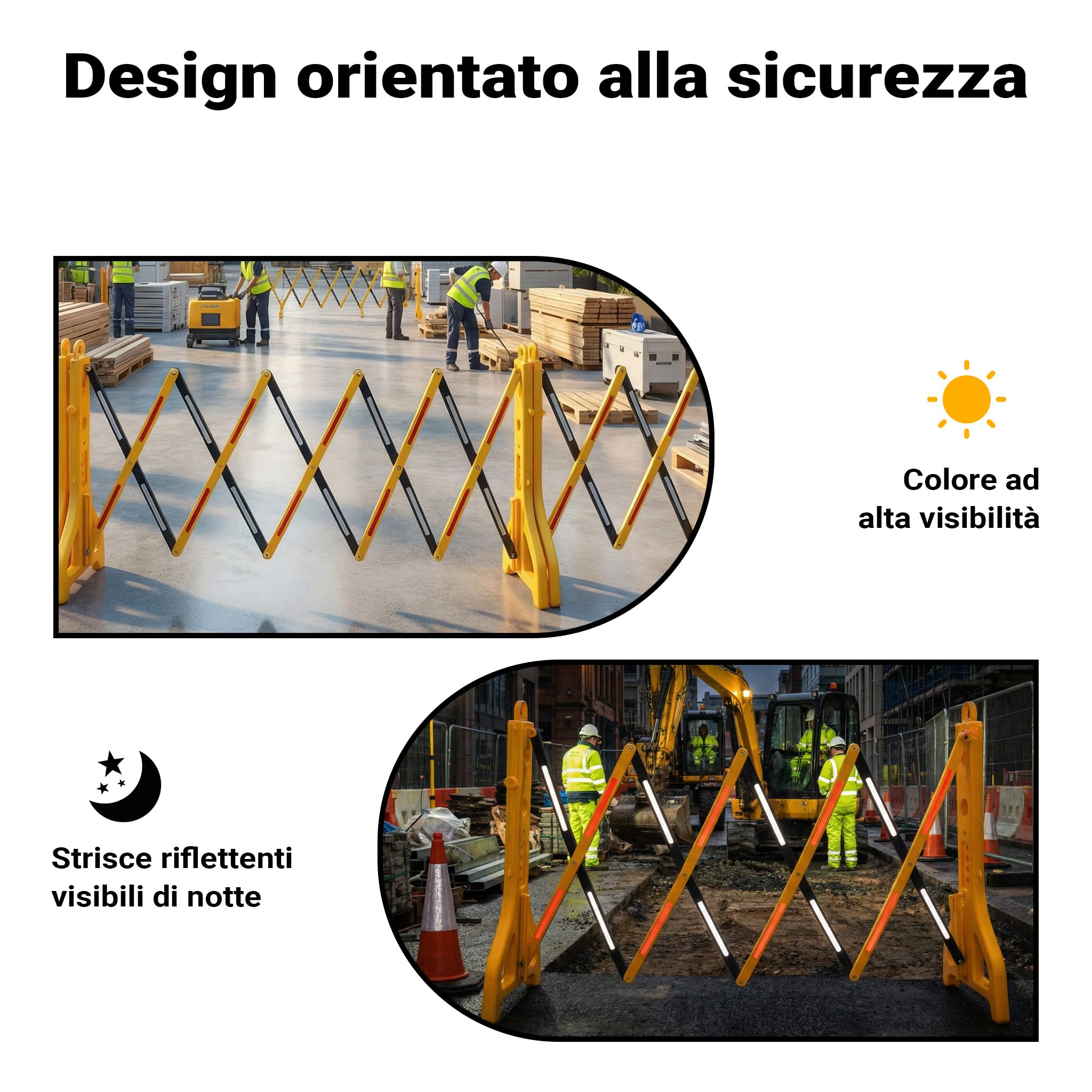 Wiltec Transenna estensibile 250 cm in plastica, barriera a pantografo con nastro riflettente, barriera da cantiere zavorrabile e pieghevole, transenna per il traffico