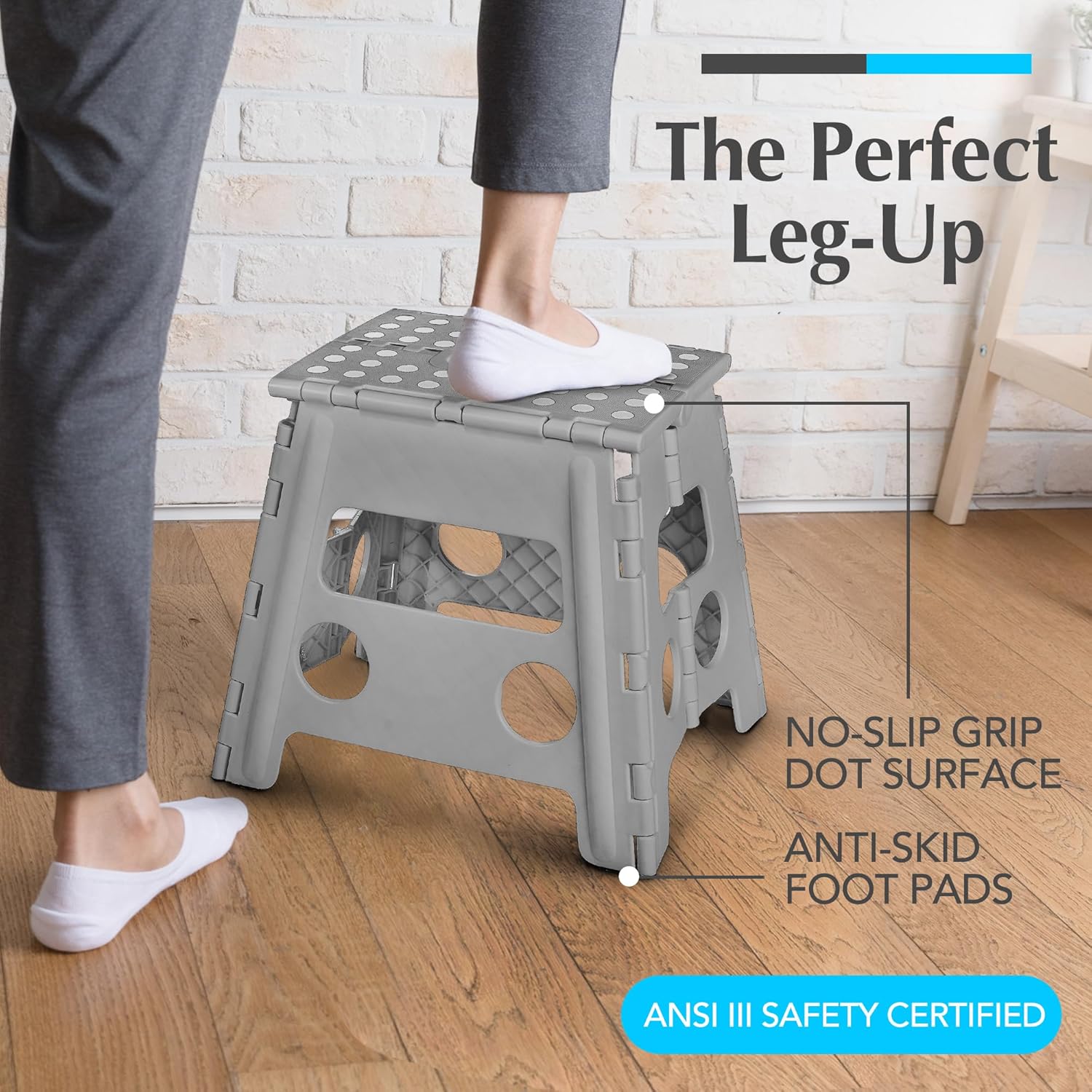 Handy Laundry Folding Lightweight Step Stool - Sturdy Enough to Support Adults and Safe Enough for Kids - Opens Easy with One Flip - Great for Kitchen, Bathroom or Bedroom (Grey - 13 inch) Gray 13 Inch