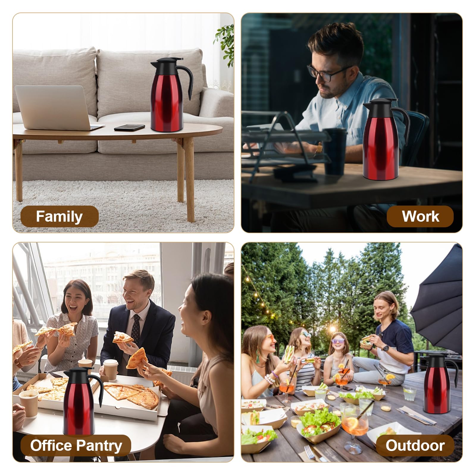 Caraffa Termica 2 litri in Acciaio Inox, Thermos Caffe, Teiera termica, Thermos a Doppia Parete, Isolata Sotto Vuoto, con Coperchio a Pressione per tè/Acqua Brocca Conservazione a Freddo o Caldo