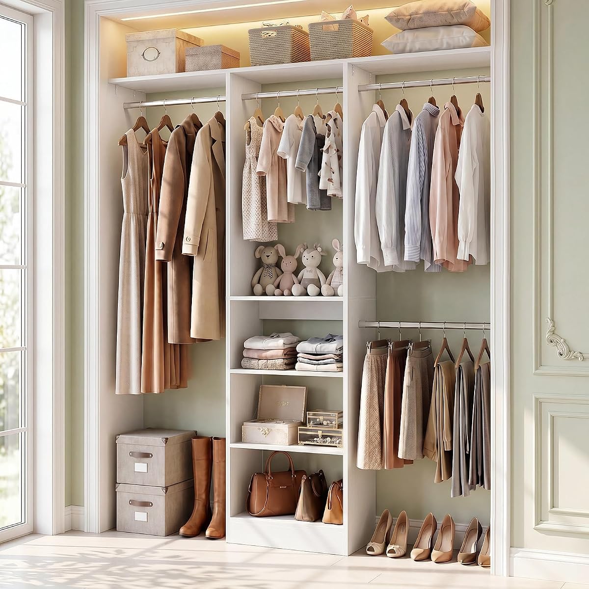 Besiost 48" Closet Organizer System, 4FT Closet System for Small Closets with 4 Hanging Rods & 3 Shelves, 80"H Small Closet Organizers and Storage for Bedrooms, Cloakrooms, White