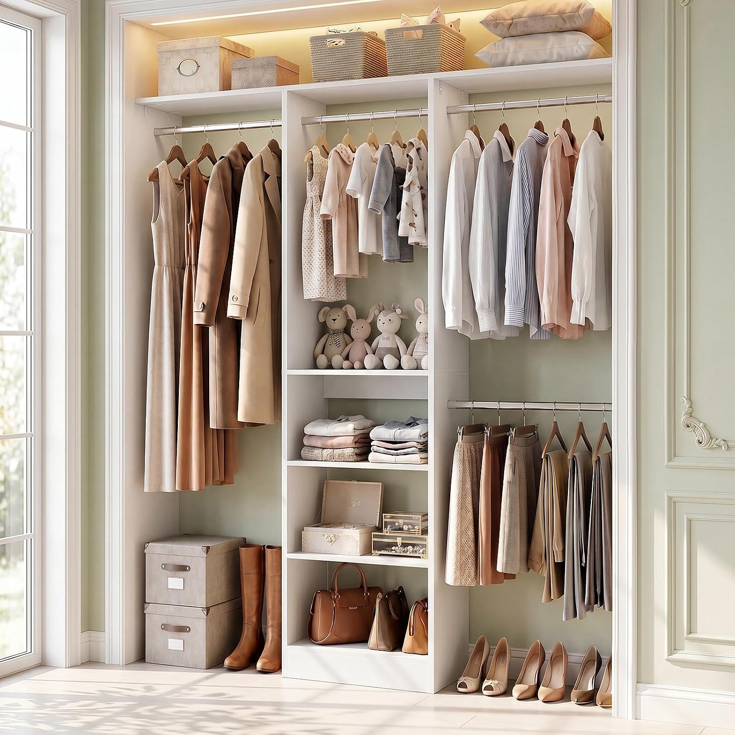 Besiost 4FT Small Closet Organizer System with 4 Hanging Rods & 3 Shelves
