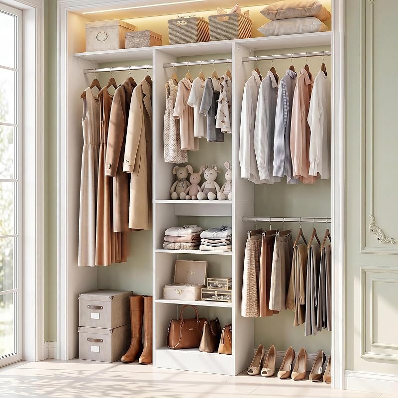 Besiost 48" Closet Organizer System, 4FT Closet System for Small Closets with 4 Hanging Rods & 3 Shelves, 80"H Small Closet Organizers and Storage for Bedrooms, Cloakrooms, White