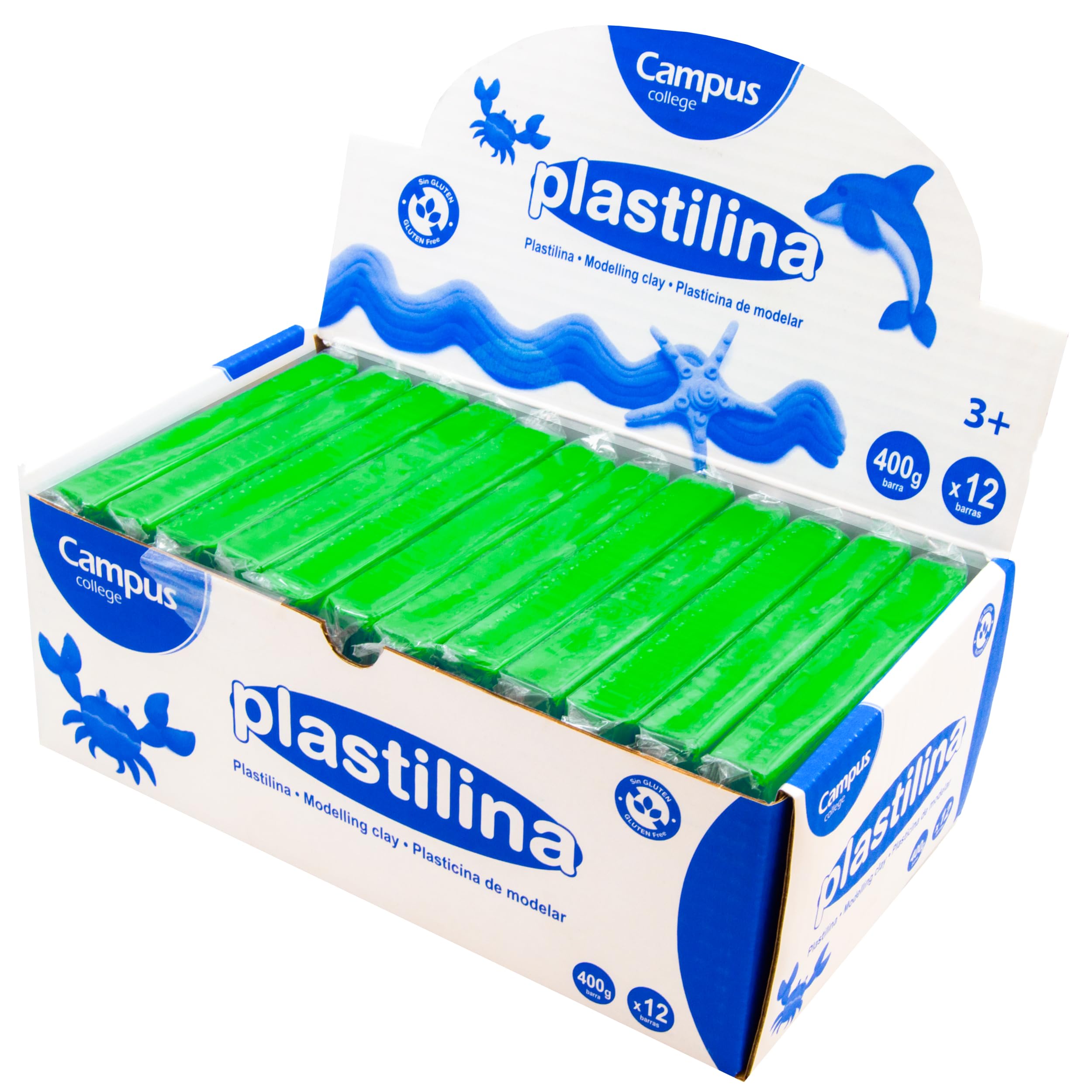 Campus – Plastilina de Colores para Modelar, 12 Barras de Plastilina Sin Gluten, Kit de Plastilina Escolar Para Manualidades, Estuche con Pastillas de Plasticina (400g, Verde)