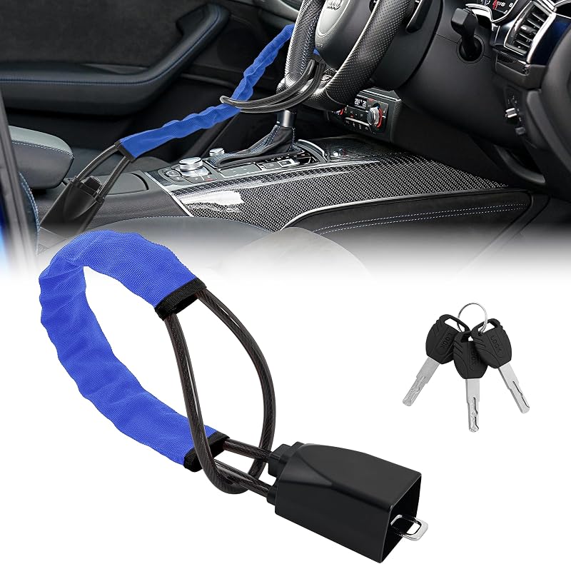 Car Steering Wheel Lock, 1 Pack Anti Theft Car Device with Max 17” Locking Length, Thickened Steel Wire, and Fine Stitched Edges, 3 Keys Included, Easy to Store, Fits Most Vehicles, SUVs（Blue）