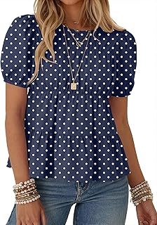 Womens Puff Short Sleeve Babydoll Tops Summer Peplum Pleated Cotton T Shirts Casual Loose Fit Flowy Blouses