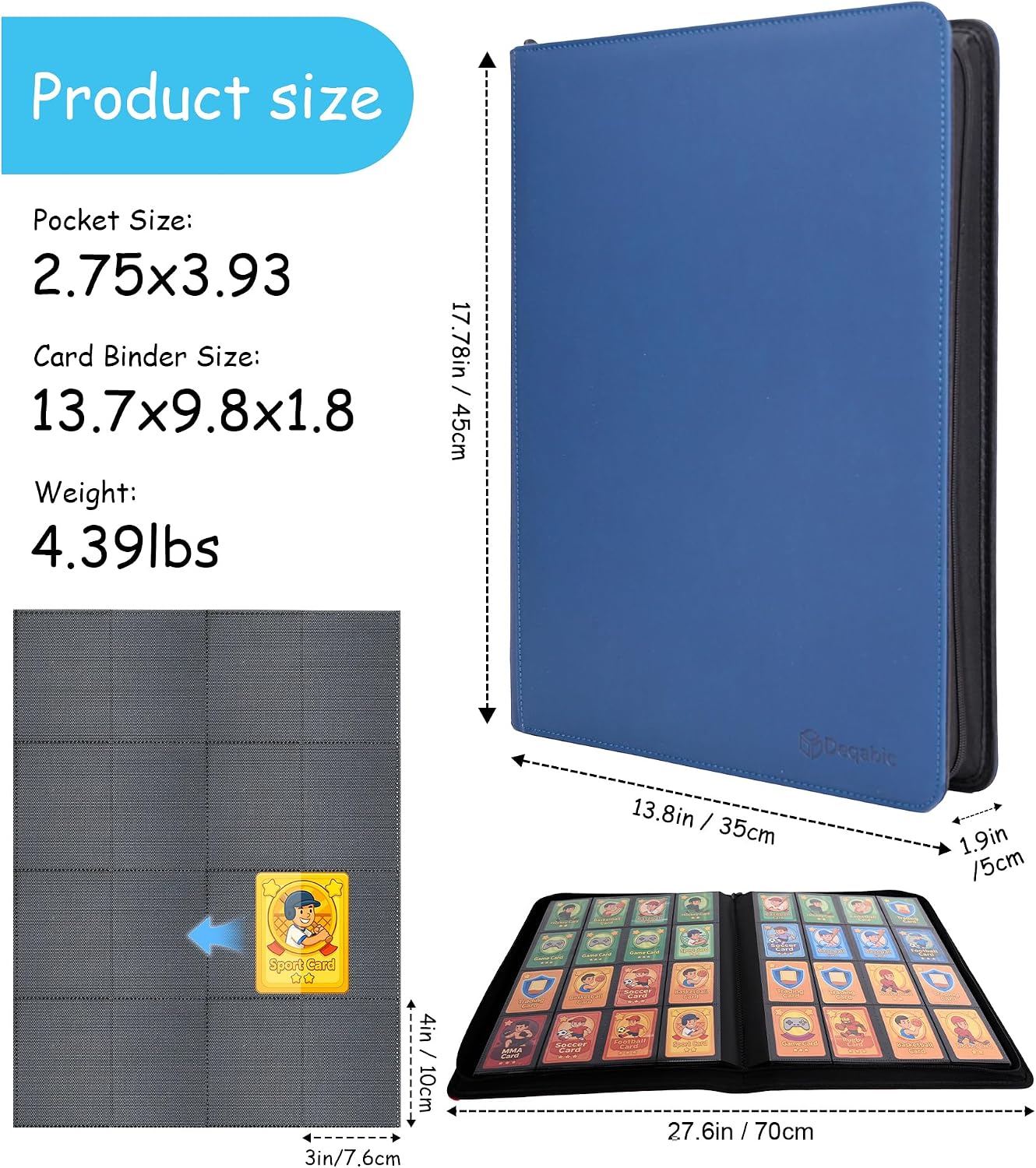 DEQADIC 16 Pocket Card Binder, 1000+ Trading Card Album Folder, Side Loading Ringless Card Collection Binder for Sports Game Cards (Blue)