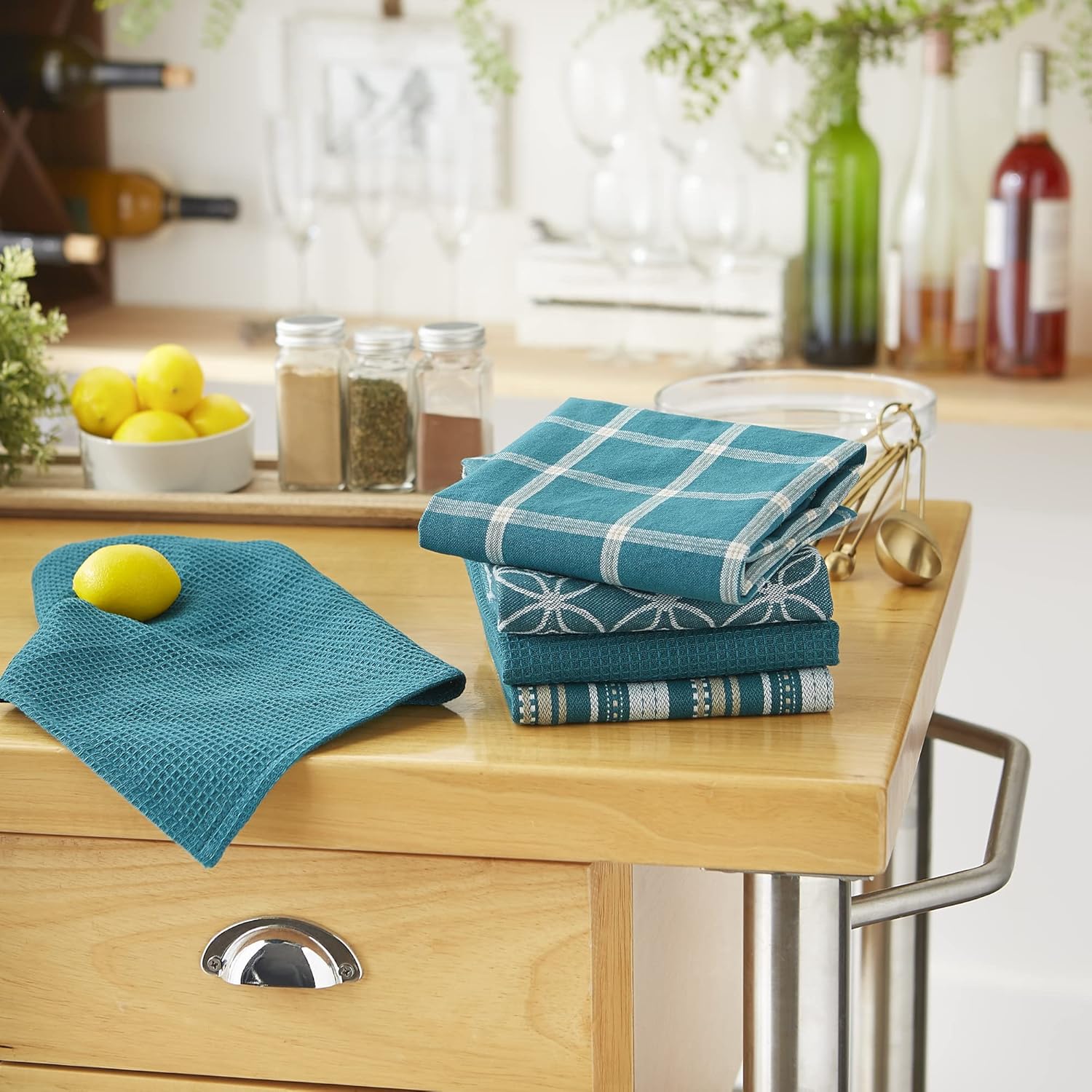 DII Assorted Woven Kitchen Set, Dishtowel, 18x28, Dishcloth, 13x13, Teal, 5 Piece