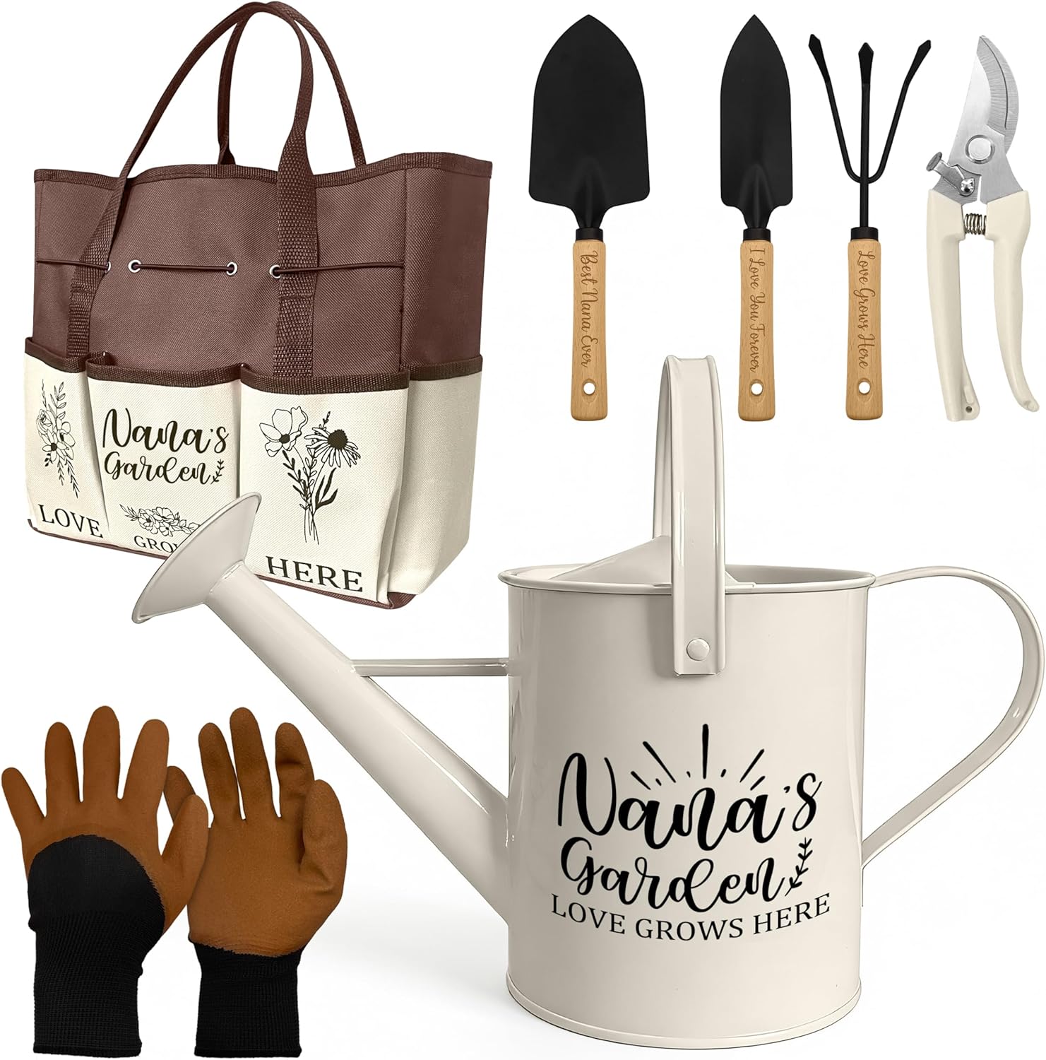Nana Gifts, Garden Kit Gifts for Nana Mothers Day from Grandkids Gardening Tools and Durable Garden Tools Organizer Tote, Ideal Gardening Set for Women on Plant Lover Birthday Present Brown