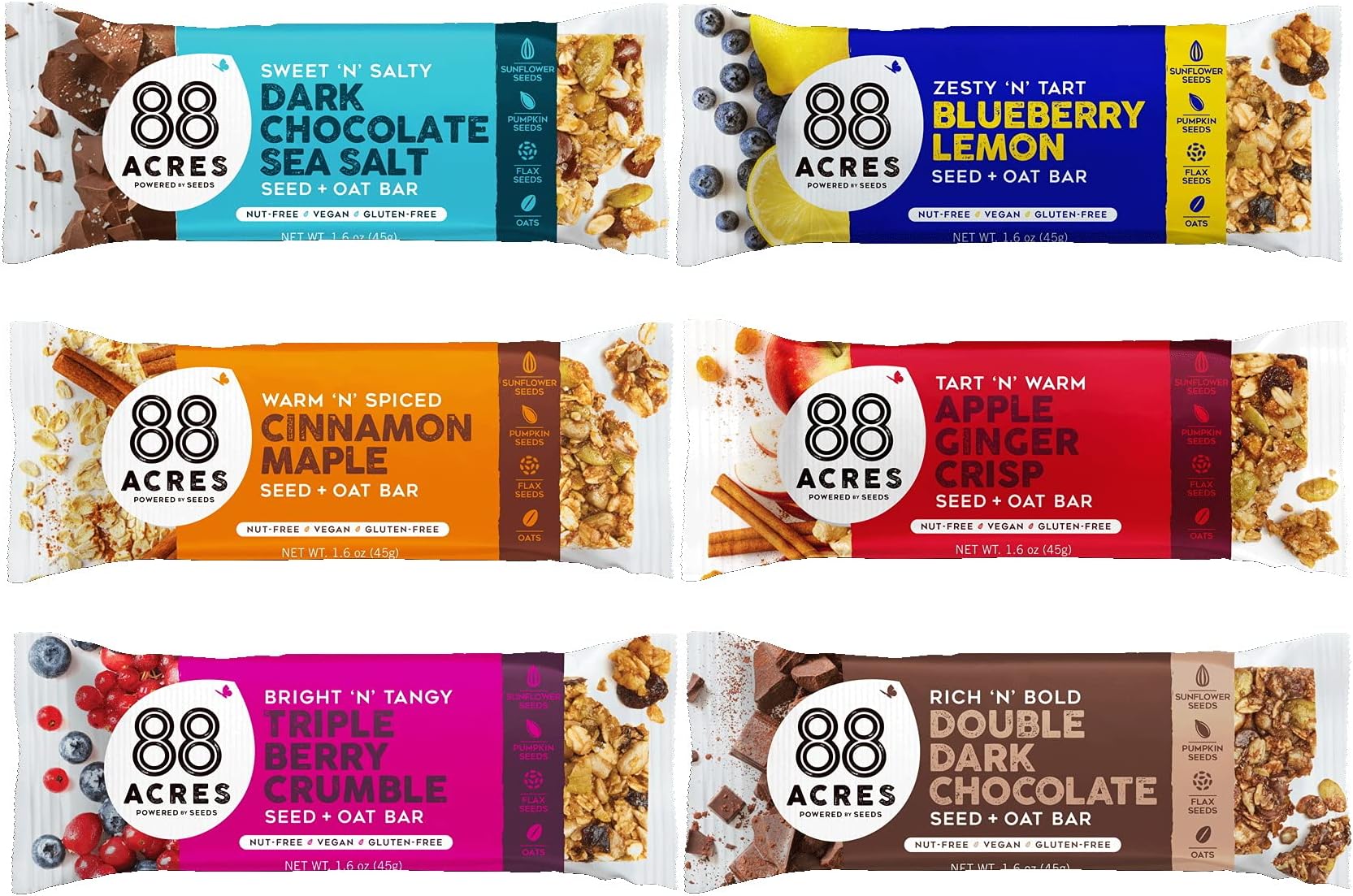 88 Acres Granola Bars Variety Pack, 6 Count, School Safe, Allergen Free Seed & Oat Snack Bar, Gluten & Nut Free, Vegan, Non-GMO & Kosher, Individually Wrapped