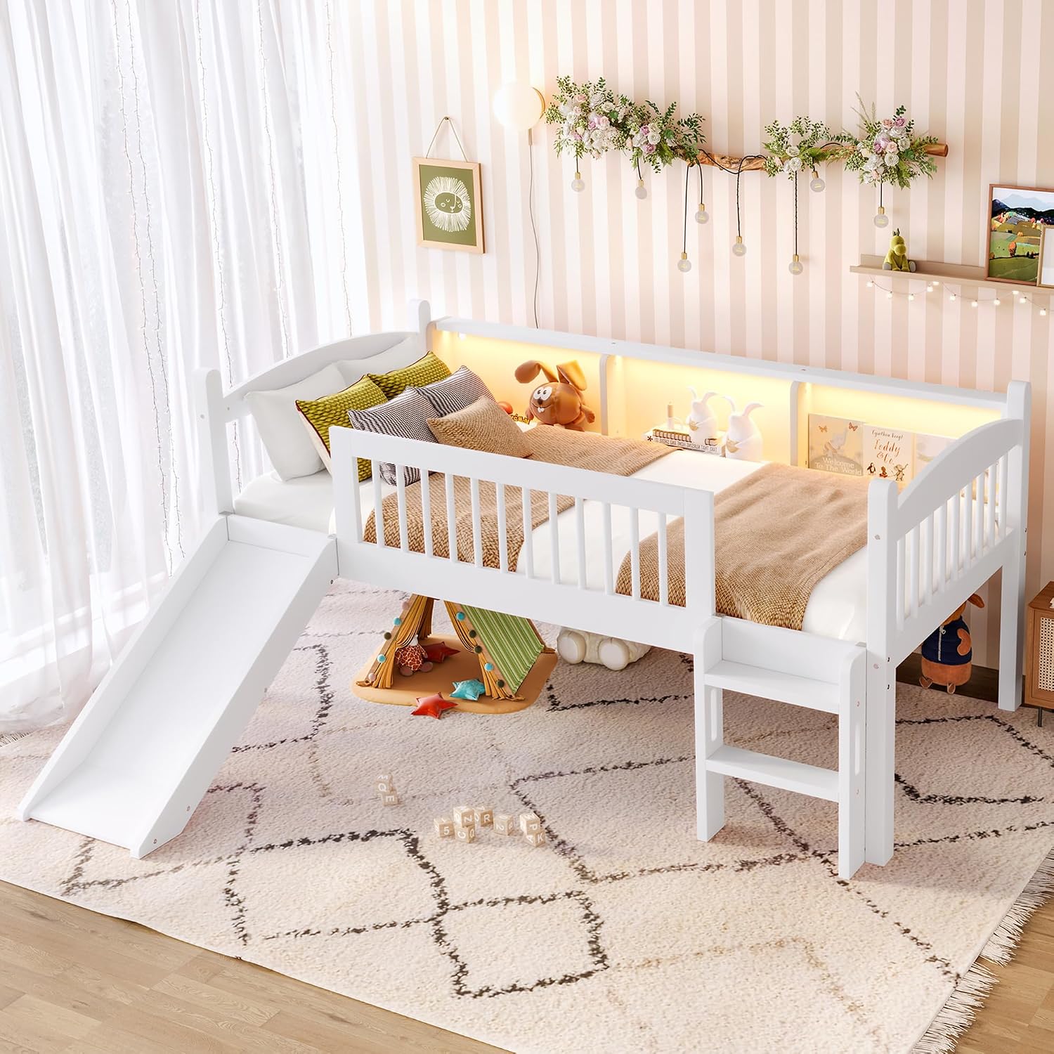Bellemave Twin Loft Bed with Slide and Ladder, Kids Loft Bed with Storage Shelves, Lights and Convertible Slide, Low Loft Beds for Kids, Girls, Boys, White