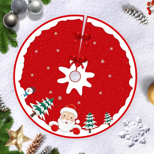 Hianjoo Christmas Tree Skirt, Xmas Tree Base Cover Mat with Snowflakes and Leaves for Holiday Ornament for Xmas Party Christmas Decorations (Santa Style,36 inch/90cm)