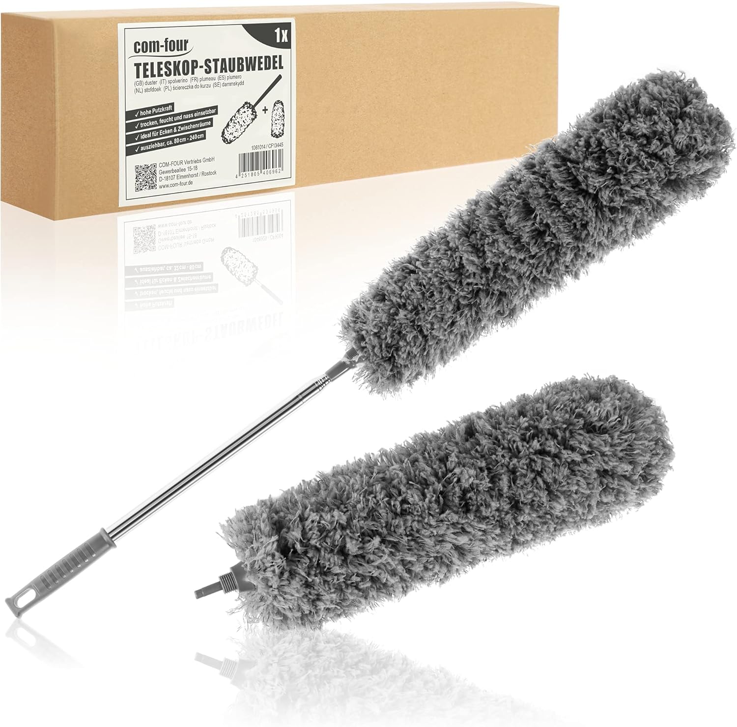 COM-FOUR® 1x Plumero con Mango telescópico y Cabezal de Repuesto, trapeador extralargo y Extensible, para techos Altos, escobas de telaraña, Longitud 80-240cm (1 Pieza - Antracita + Recambio)