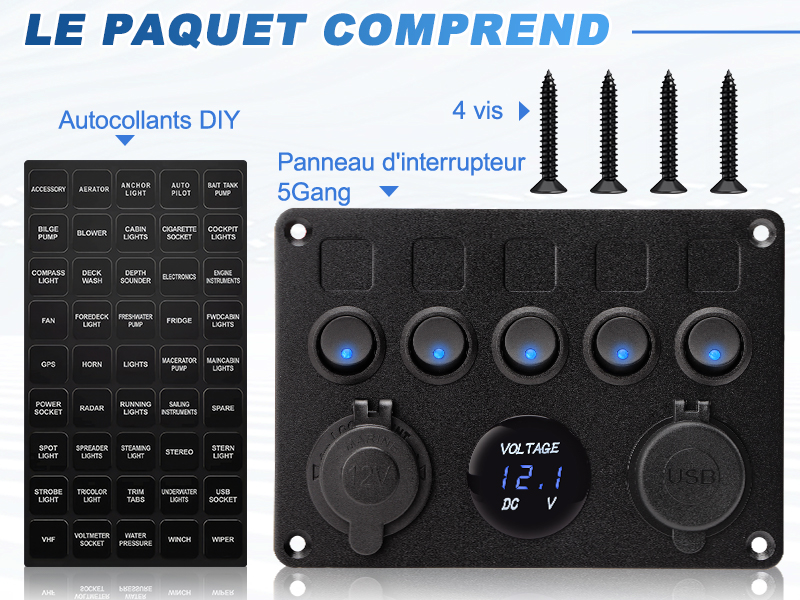 Panneau Interrupteur 5 Gang Geloo 12V/24V - Avec USB, Voltmètre Et Prise 12V - Étanche IP65 Pour Voiture, Bateau, Camping-car
