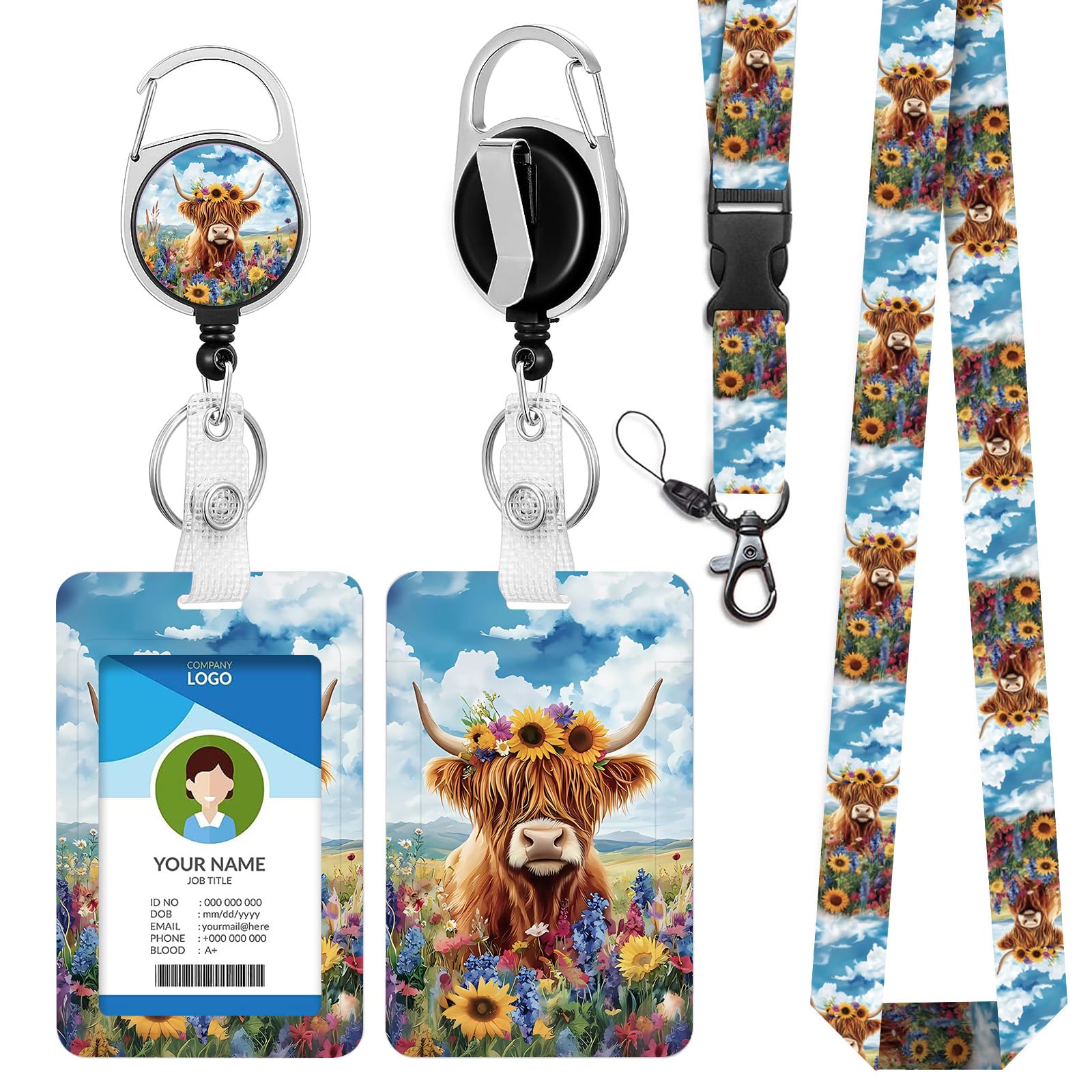 bolimoss Highland Cow Lanyard with Card Holder Retractable Badge Reel Carabiner Clip & Detachable Lanyard Strap Cute Sunflower Floral ID Card Protector for Women Girls Kids Teen Nurse Teacher Student — image 1