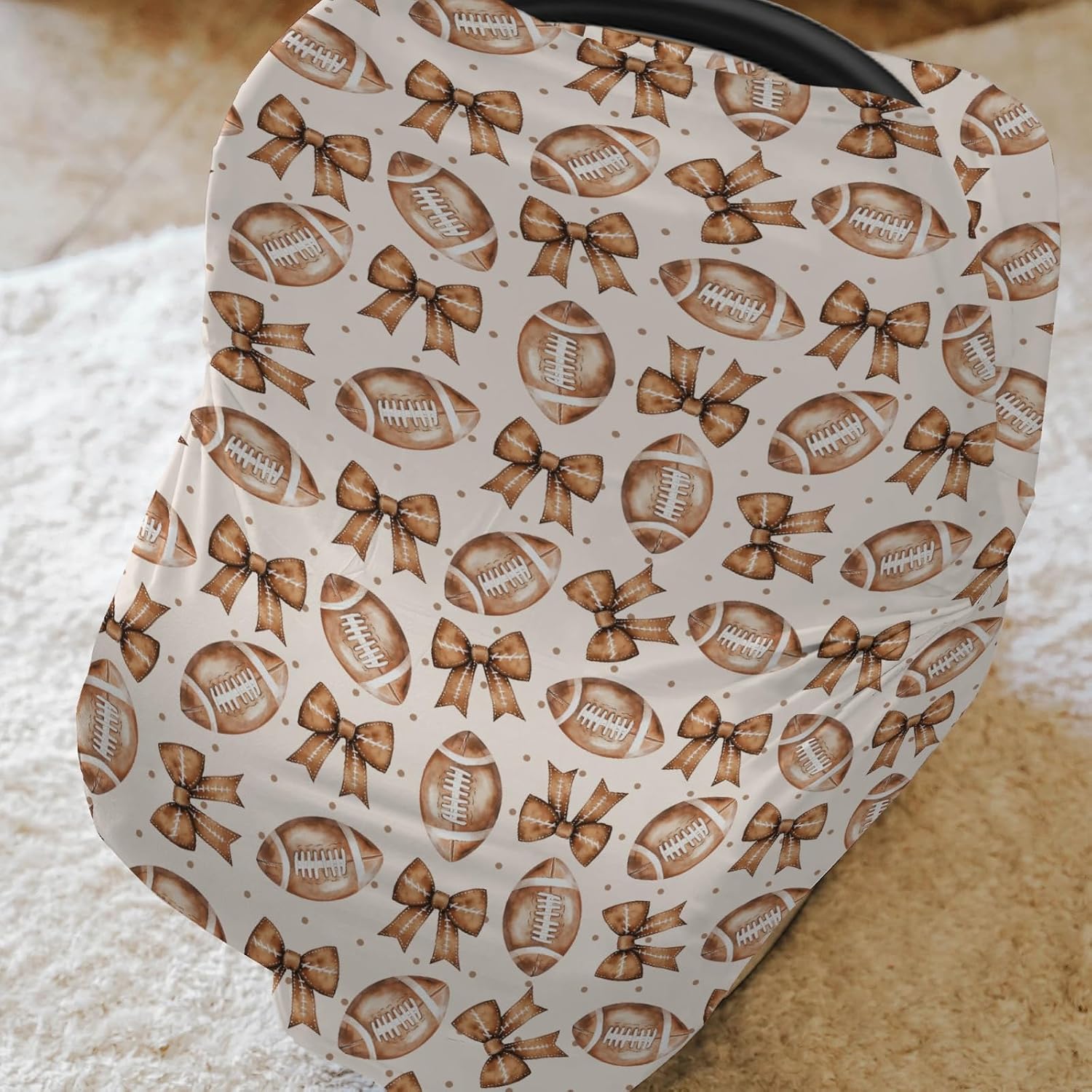Vintage Football Bows Car Seat Cover for Babies American Football Game Stretchy 5-in-1 Covers Adjustable Car Canopy Cover Sports Lovers Gift Breathable Nursing Cover-Up