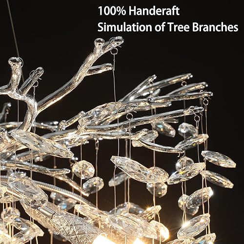 Miniatura 6 de YUYI Candelabros modernos de cristal para comedor, ramas de árbol plateado, lámpara redonda de lujo con gotas de lluvia de techo alto, lámpara