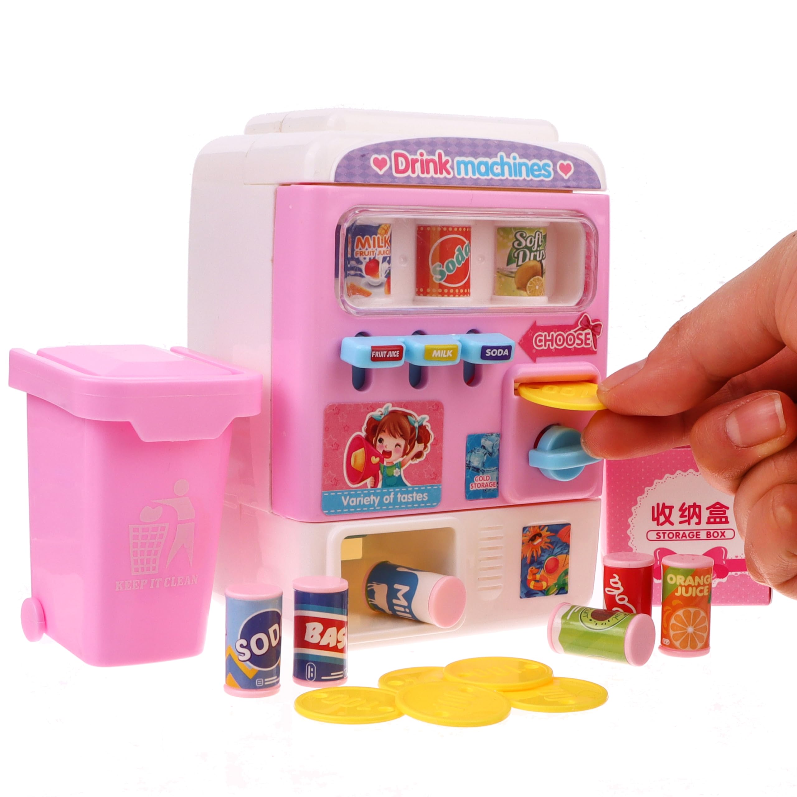 Mini Vending Machine Toy,Electronic Beverage Drink Machine Early Developmental Toy for Kid Girls Prentend Game Education Learning 1:12 Dollhouse,Pink