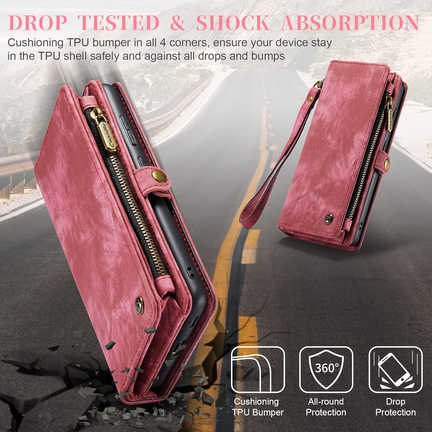 Case for Samsung Galaxy S21 FE, Genuine Leather Wallet Detachable Magnetic Cell Phone Cover Zipper Purse RFID Blocking Card Slot Holster for Samsung Galaxy S21 FE 2021 (Red)