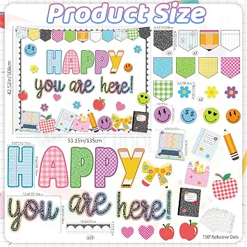 Back to School Bulletin Board Decoration, Happy You're Here Bulletin Board Set, Composition Notebook Happy Face Apple Daisy Cutouts for Classroom First Day of School Chalkboard Wall Door Teacher Decor
