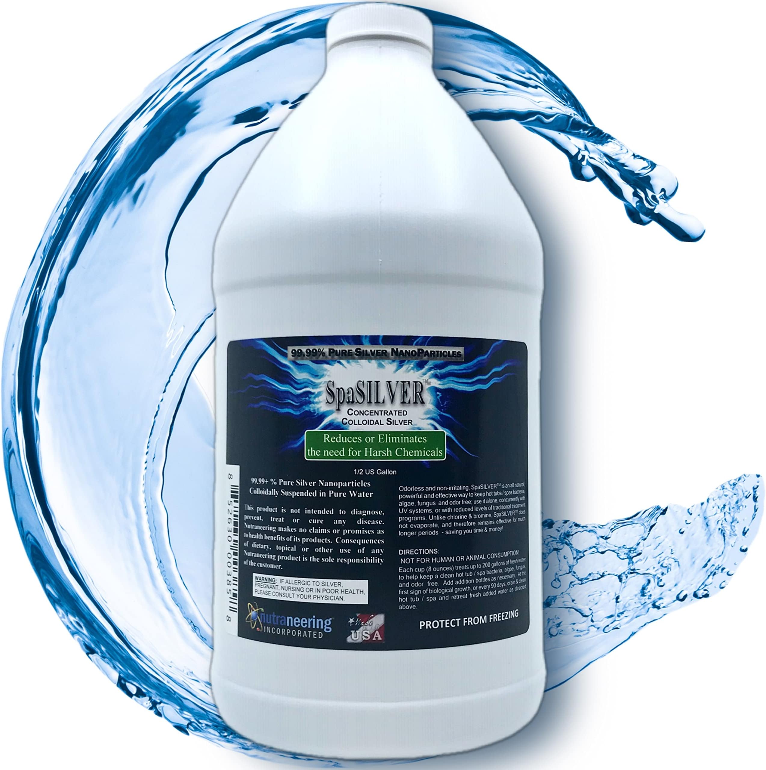 SpaSILVER Water Treatment for Hot Tubs and Spas - Concentrated True Colloidal Silver - Half US Gallon in White BPA-Free Plastic Jug