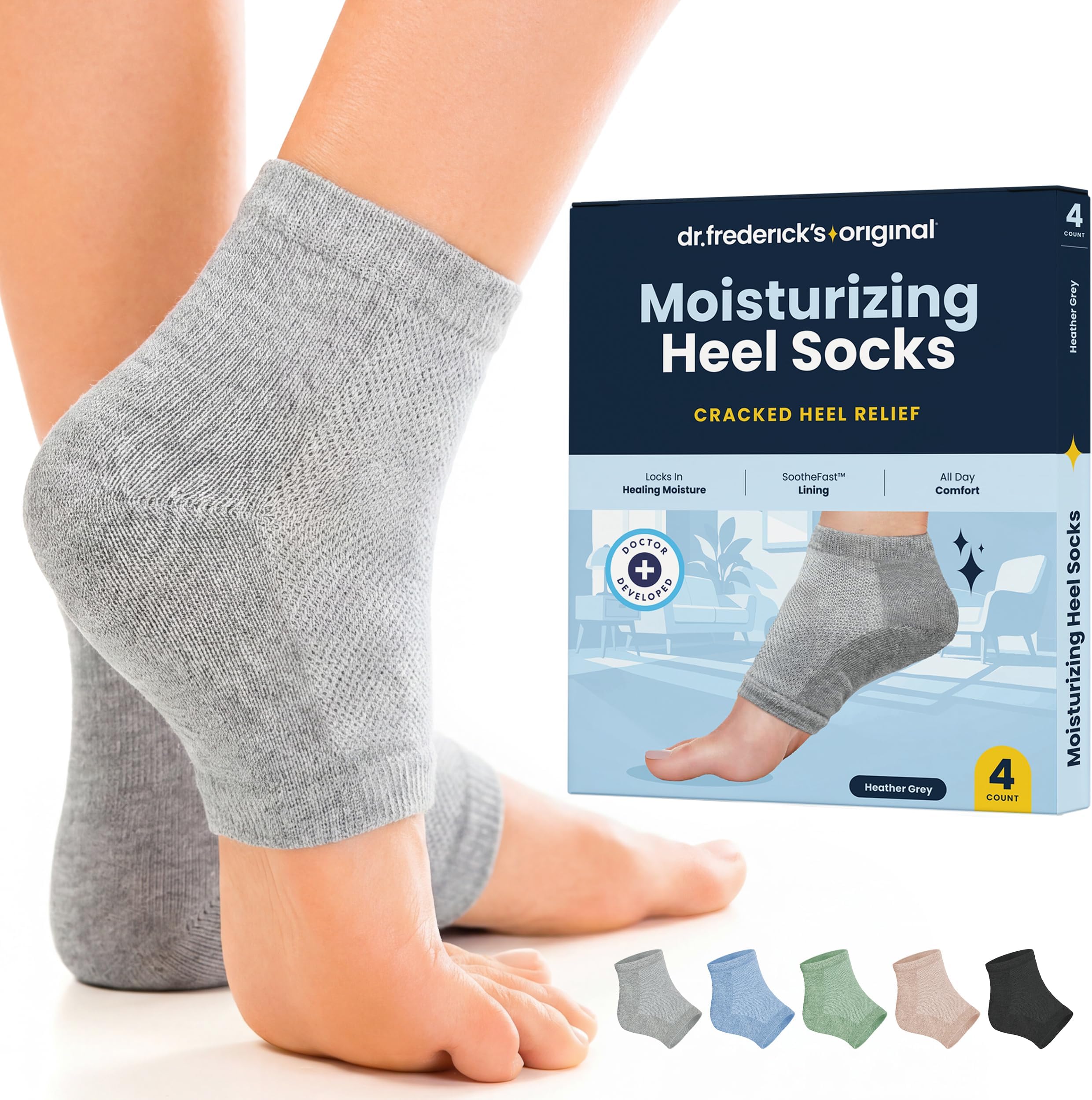 Dr. Frederick's Moisturizing Gel Heel Socks for Dry & Cracked Feet, 2 Pairs | For Women and Men, SootheFast™ Gel with Olive Oil, Jojoba Oil, and Vitamin E, Wear Overnight for Softer Heels, Original Grey