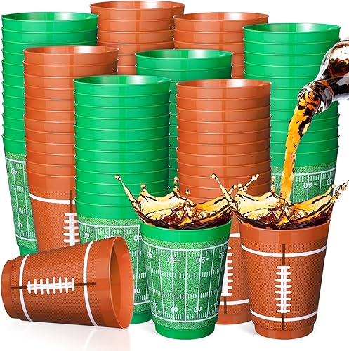 Miniatura 8 de Nuenen Juego de 24 tazas de plástico de fútbol de 16 onzas para fiestas de fútbol, tazas reutilizables de plástico esmerilado para suministros de