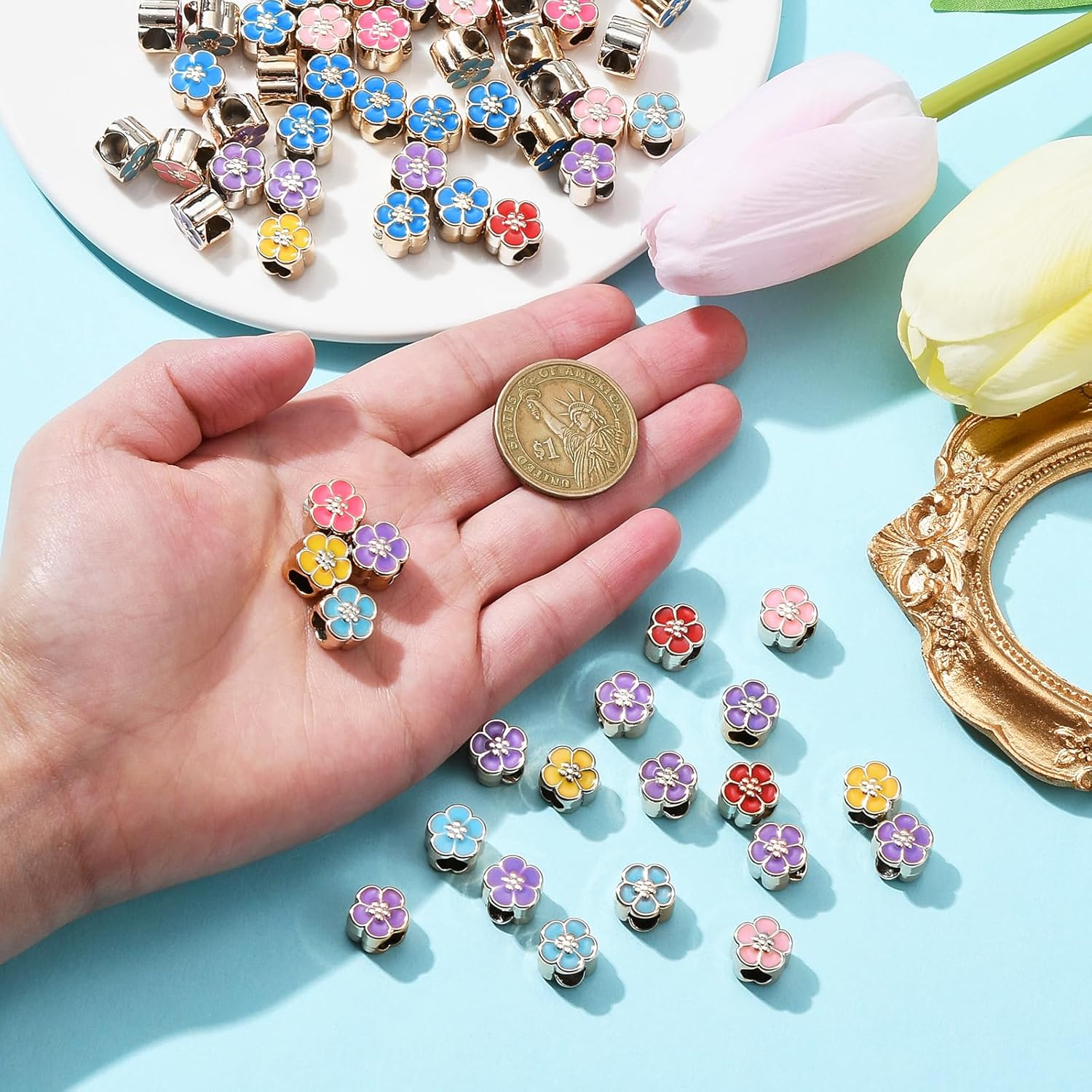 Ipotkitt 100 Pcs Random Color 5mm Hole Flower Acrylic European UV Plating Enamel Spacer Beads for DIY Bracelets Jewelry Making - Image 3