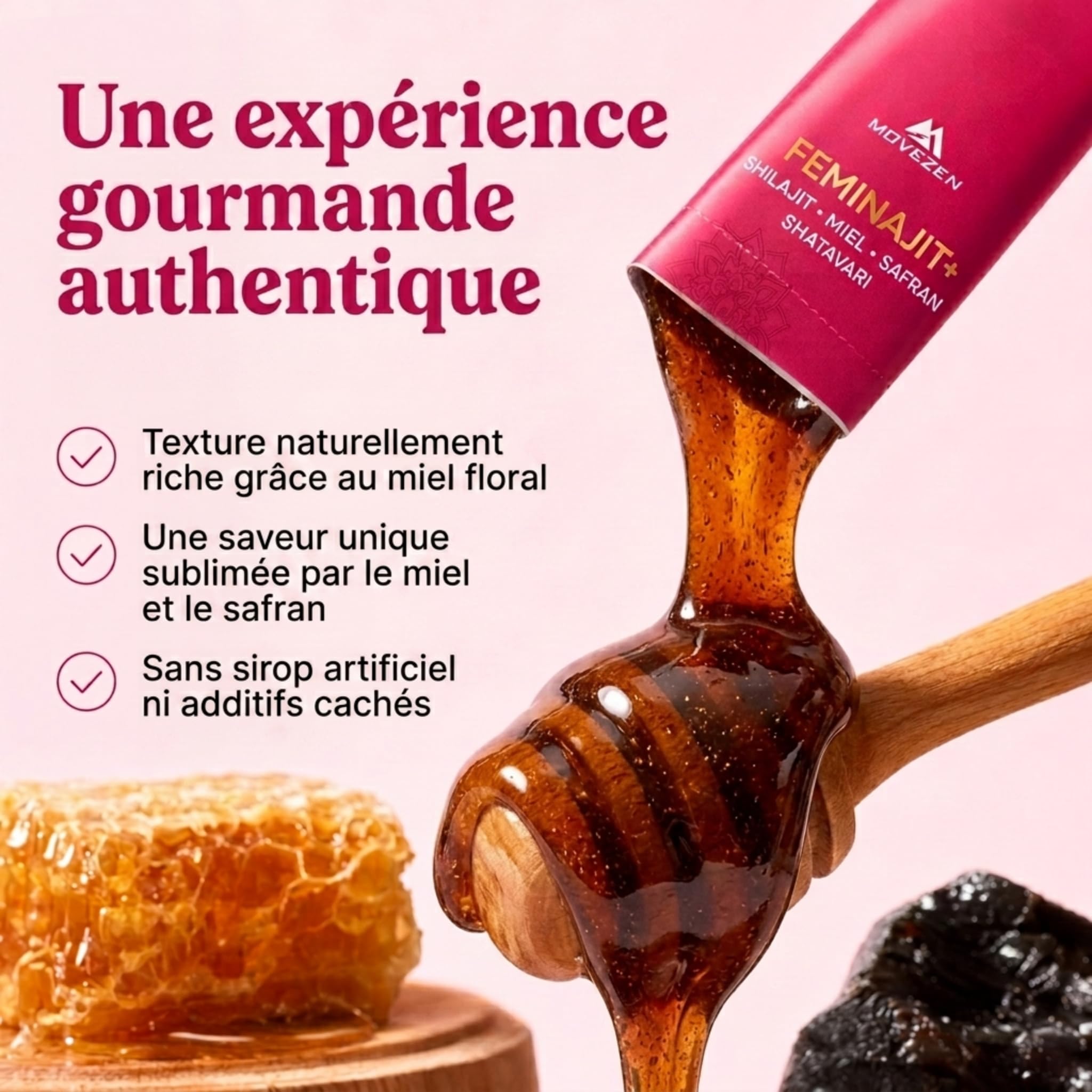Feminajit+ Shilajit Femme en Stick Pré-dosé, Shilajit Pure Shatavari miel & Safran Movezen, Énergie Durable, Menopause, Vitalité, 30 Sticks Riche en Acide Fulvique, 85+ Minéraux Saveur Fraise