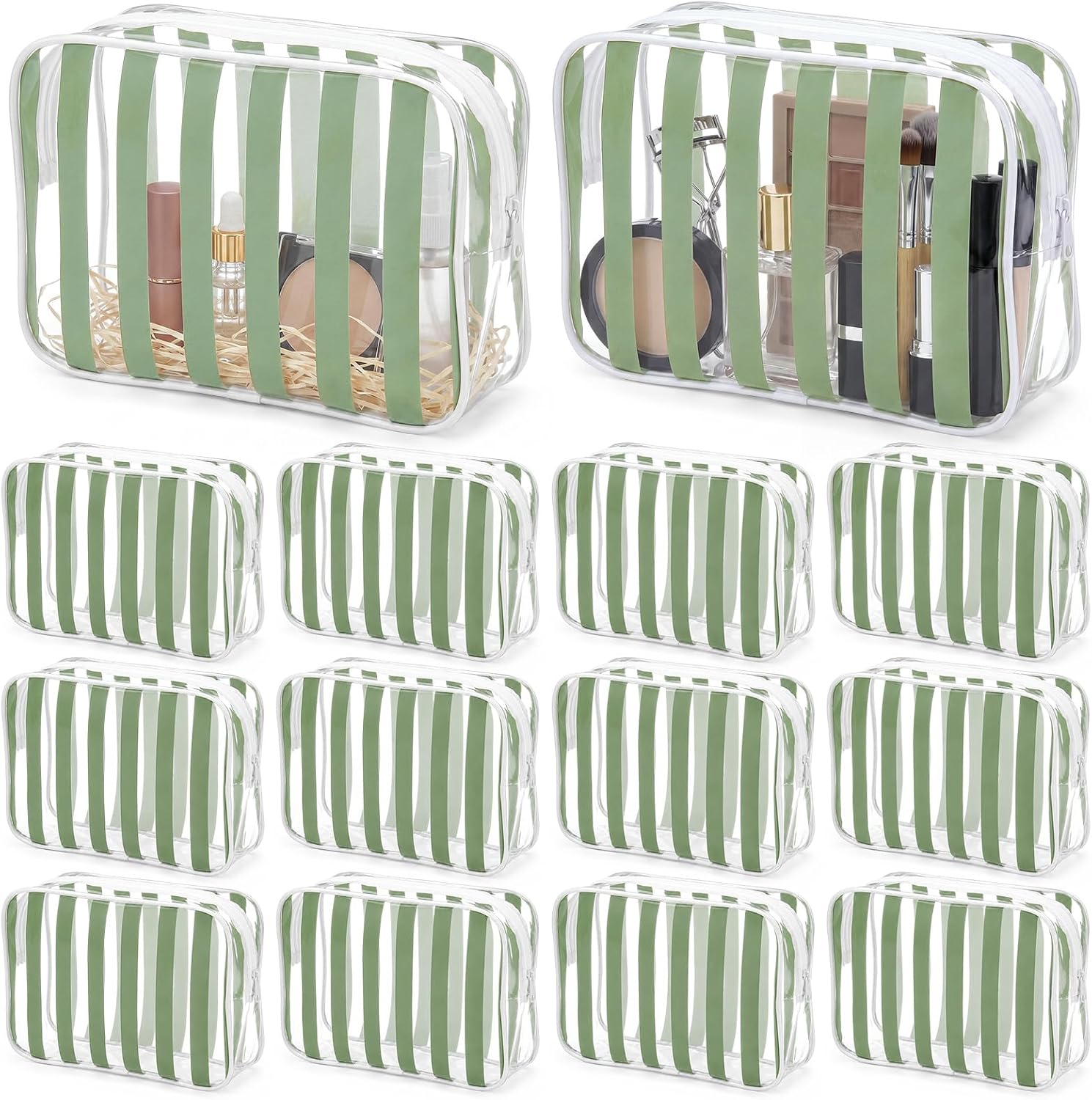 Kacctyen Sage Green 12Pcs Striped Clear Makeup Bags, Heavy Duty PVC Cosmetic Toiletry Pouch, Waterproof Transparent Travel Organizer Cases with Zipper for Women