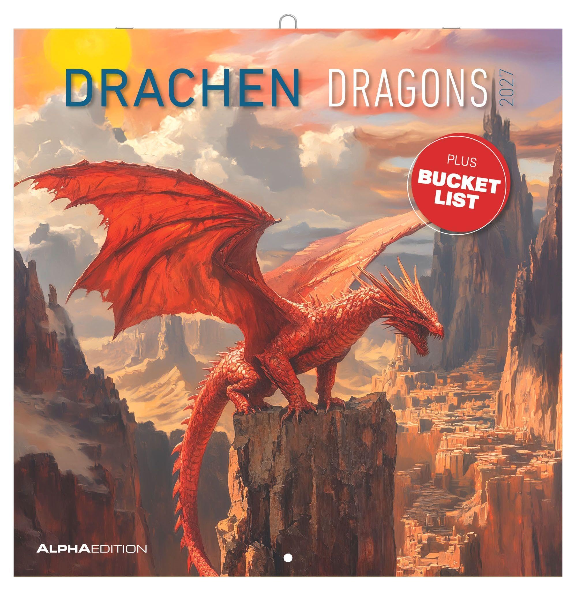 Drachen 2027: Wandkalender 30x30 cm (30x60 cm geöffnet) mit Notizkalendarium, 12 Drachenmotiven und Bucket-List