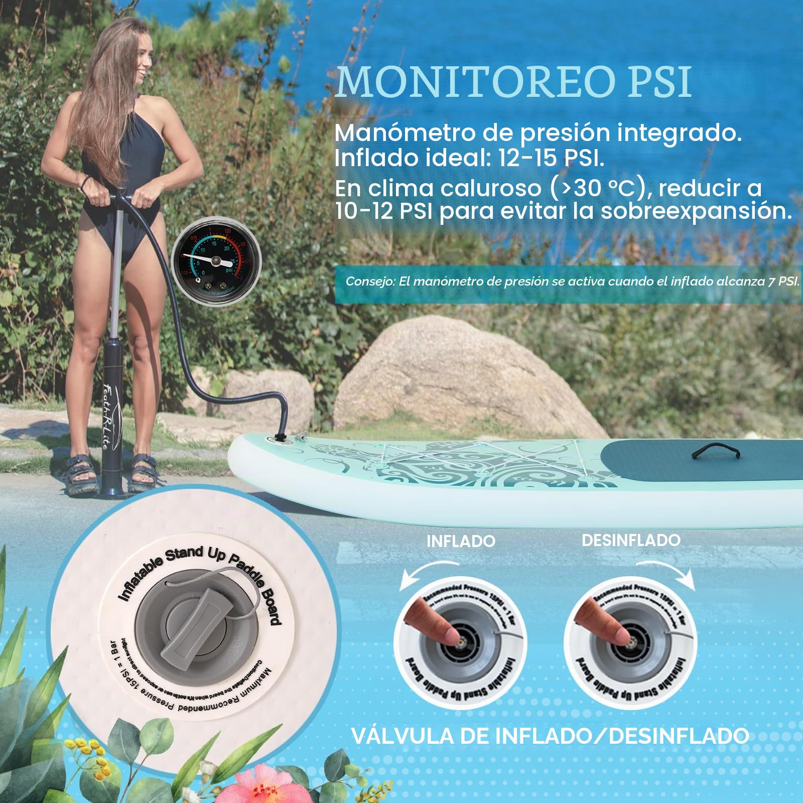 FEATH-R-LITE Tabla de Paddle Surf Hinchable Ultraligera, con Remo Ajustable, Bomba, Mochila, Leash y Aletas, para Principiantes y Avanzados