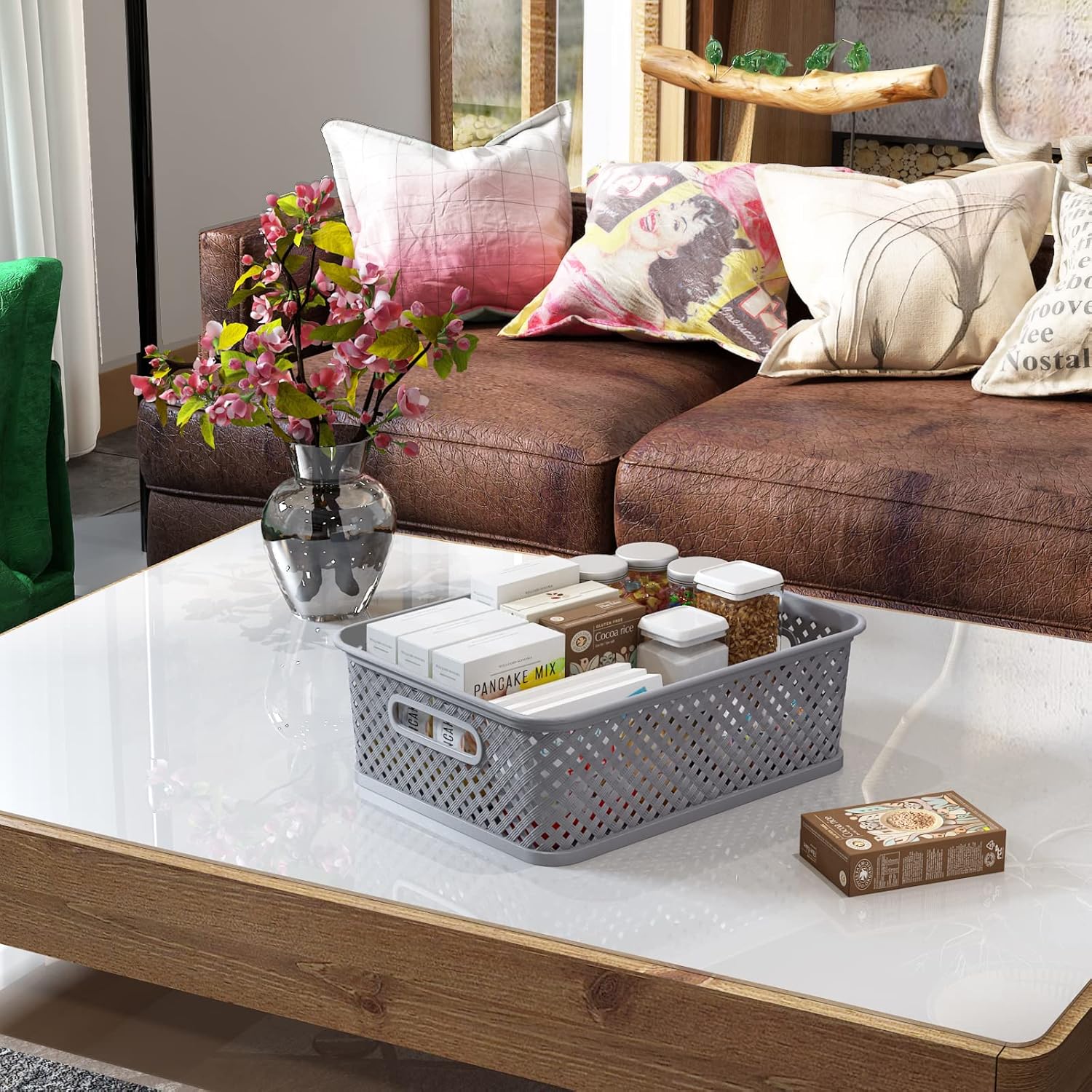 MaxGear Organization and Storage 3 Packs, Plastic Bins Organizer Bins, Woven Baskets for Storage, Plastic Baskets with Handles, Grey Basket for Organizing, Basket Organizer for Home and Office, Large - Image 8