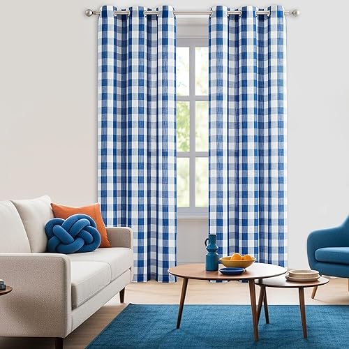 Vista 79 de Jubilantex Paneles de cortina semitransparentes a cuadros rojos y blancos, cortinas texturizadas a cuadros, cortinas de ventana de granja con ojales